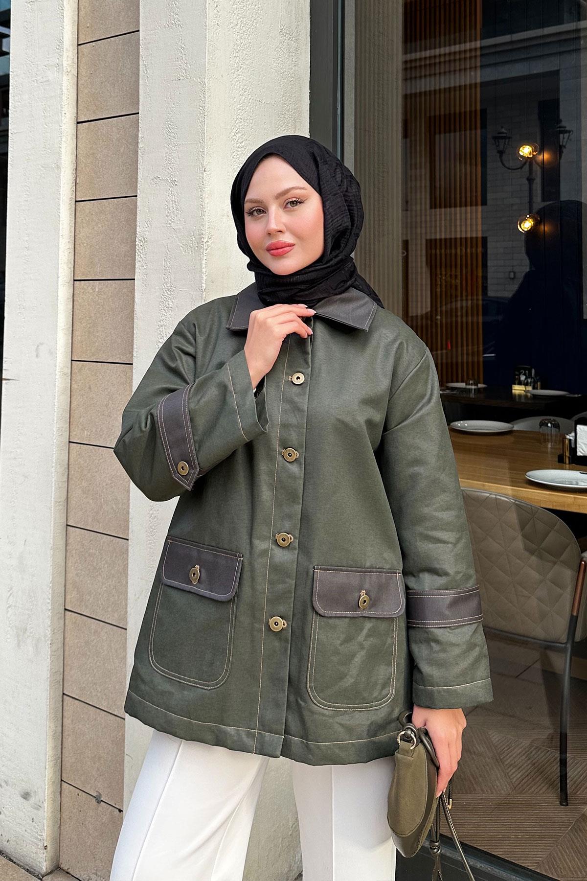 Kolları Apoletli Trenç Haki Yeşil