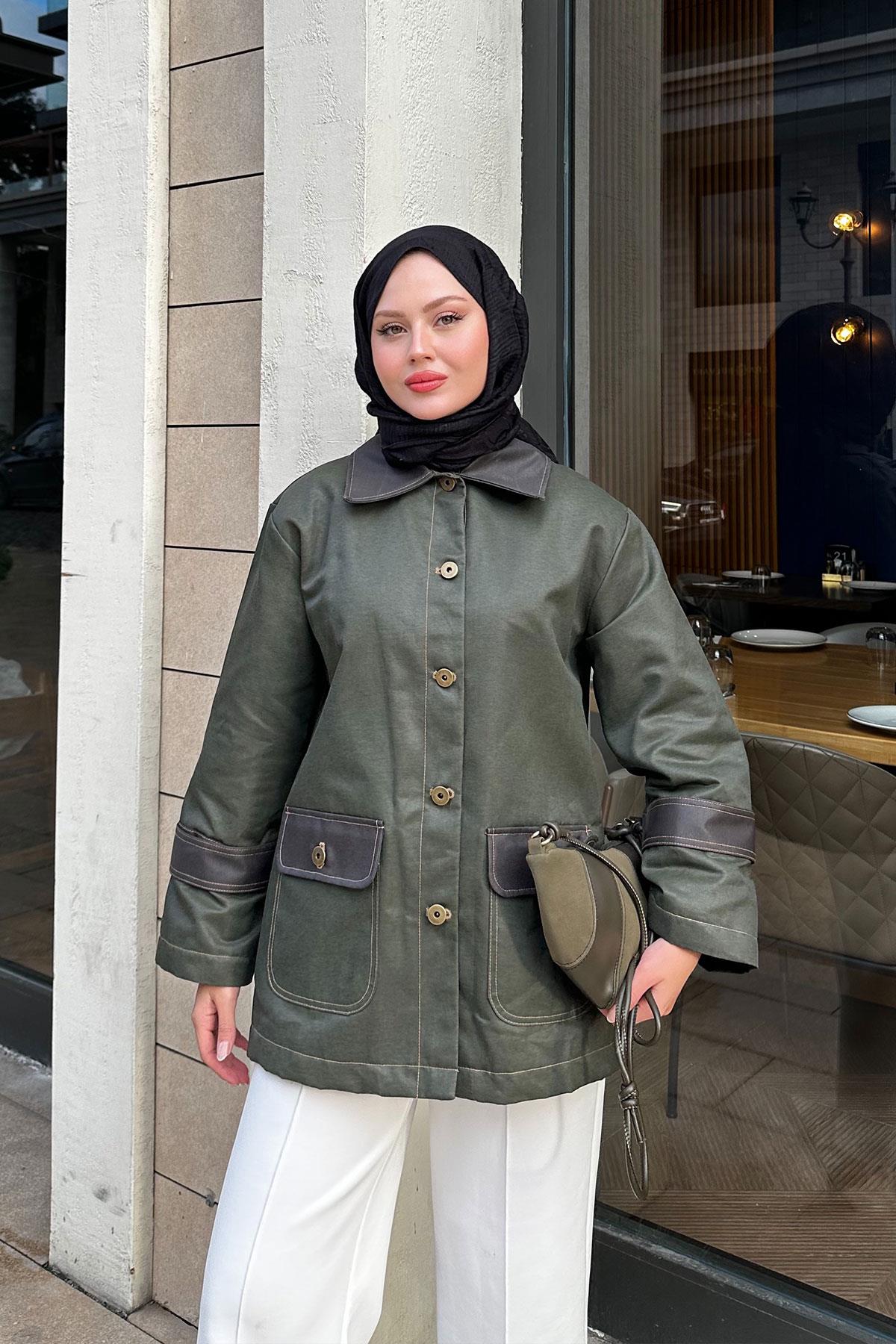 Kolları Apoletli Trenç Haki Yeşil