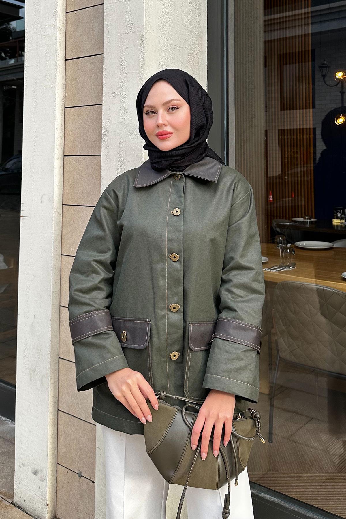 Kolları Apoletli Trenç Haki Yeşil