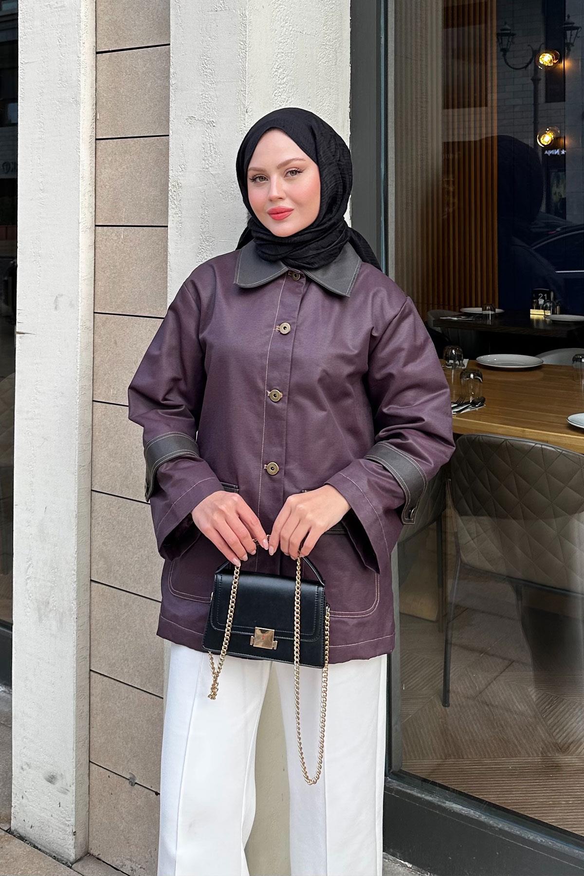 Kolları Apoletli Trenç Mürdüm