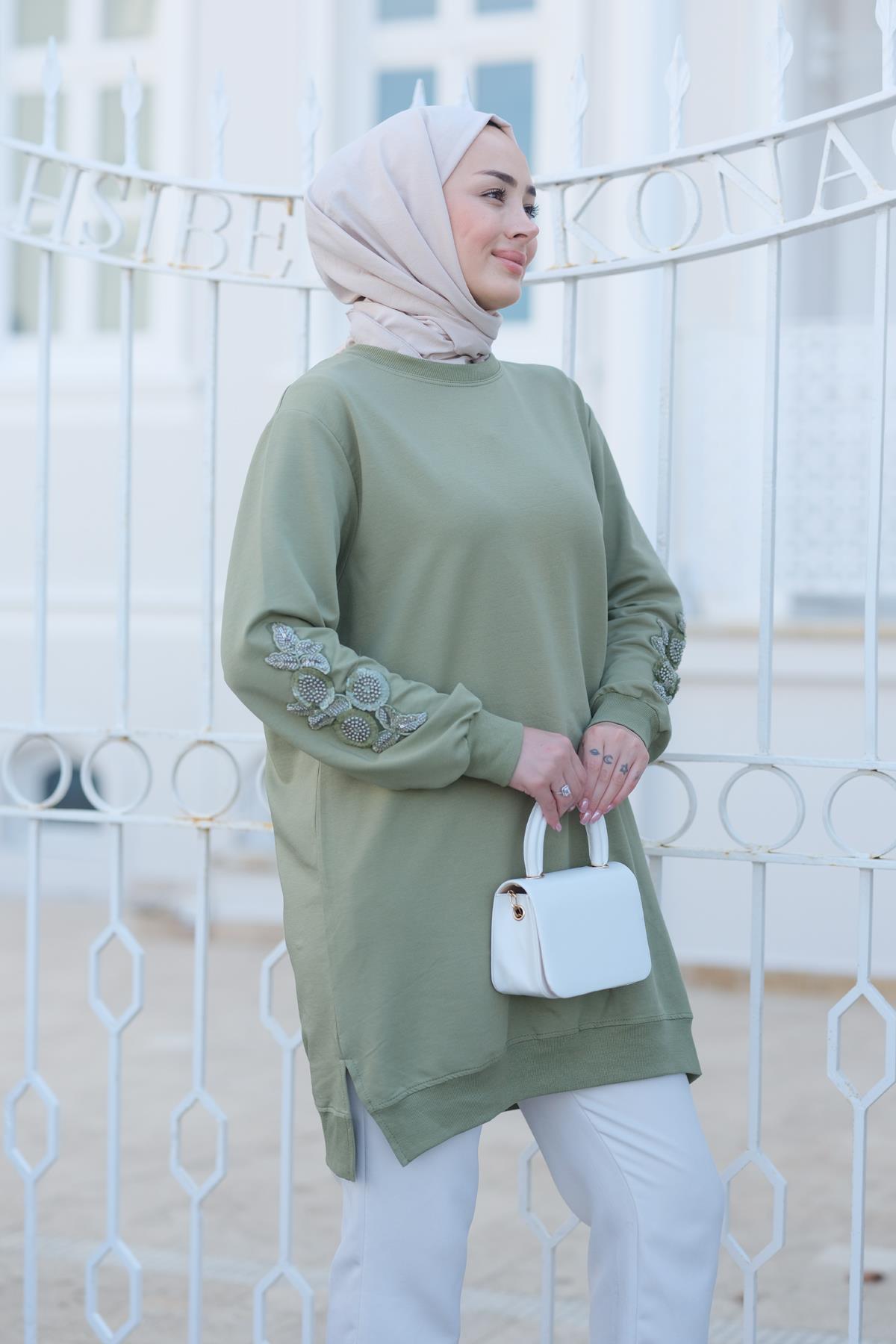 Kolları Çicek Nakışlı Tunik Haki Yeşil