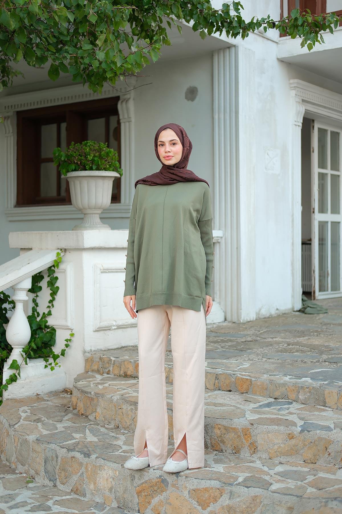 Kolları Düğme Detaylı Tunik Çağla Yeşil