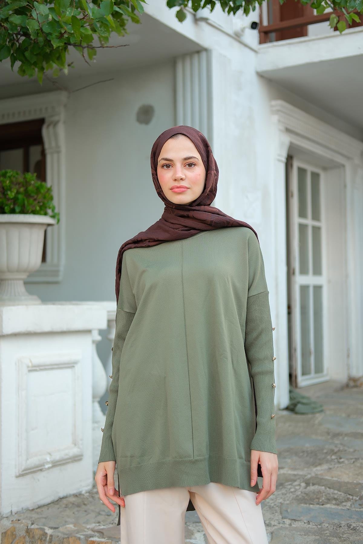 Kolları Düğme Detaylı Tunik Çağla Yeşil