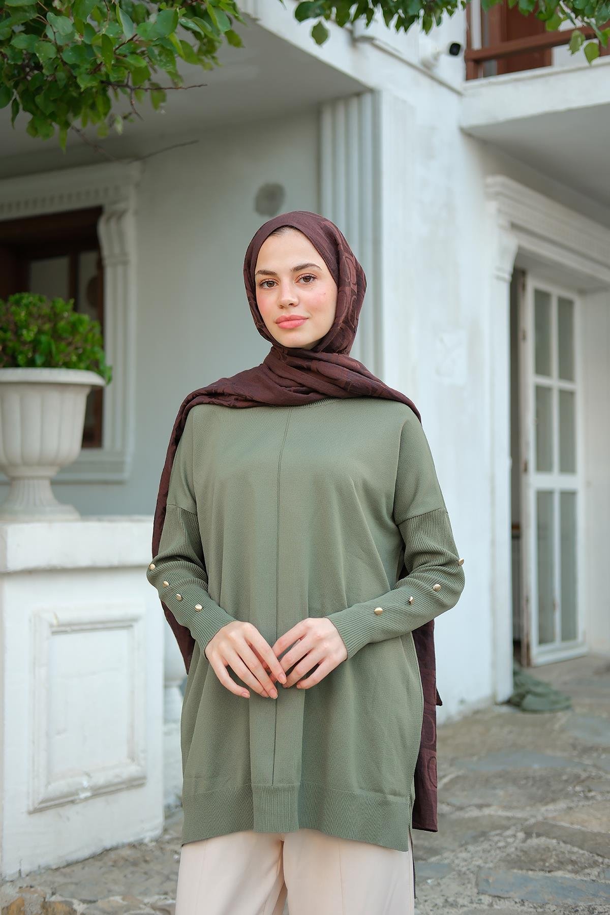 Kolları Düğme Detaylı Tunik Çağla Yeşil