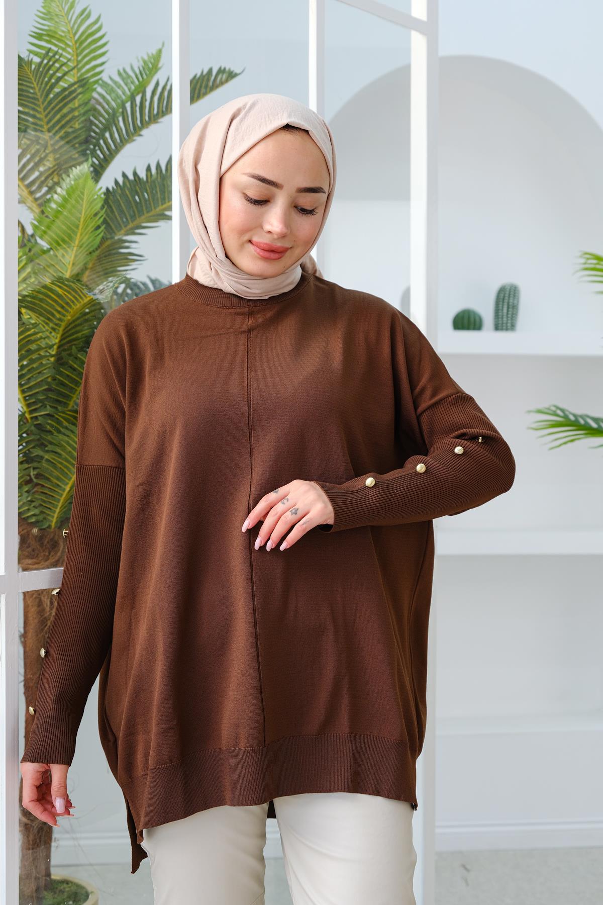 Kolları Düğme Detaylı Tunik Kahverengi