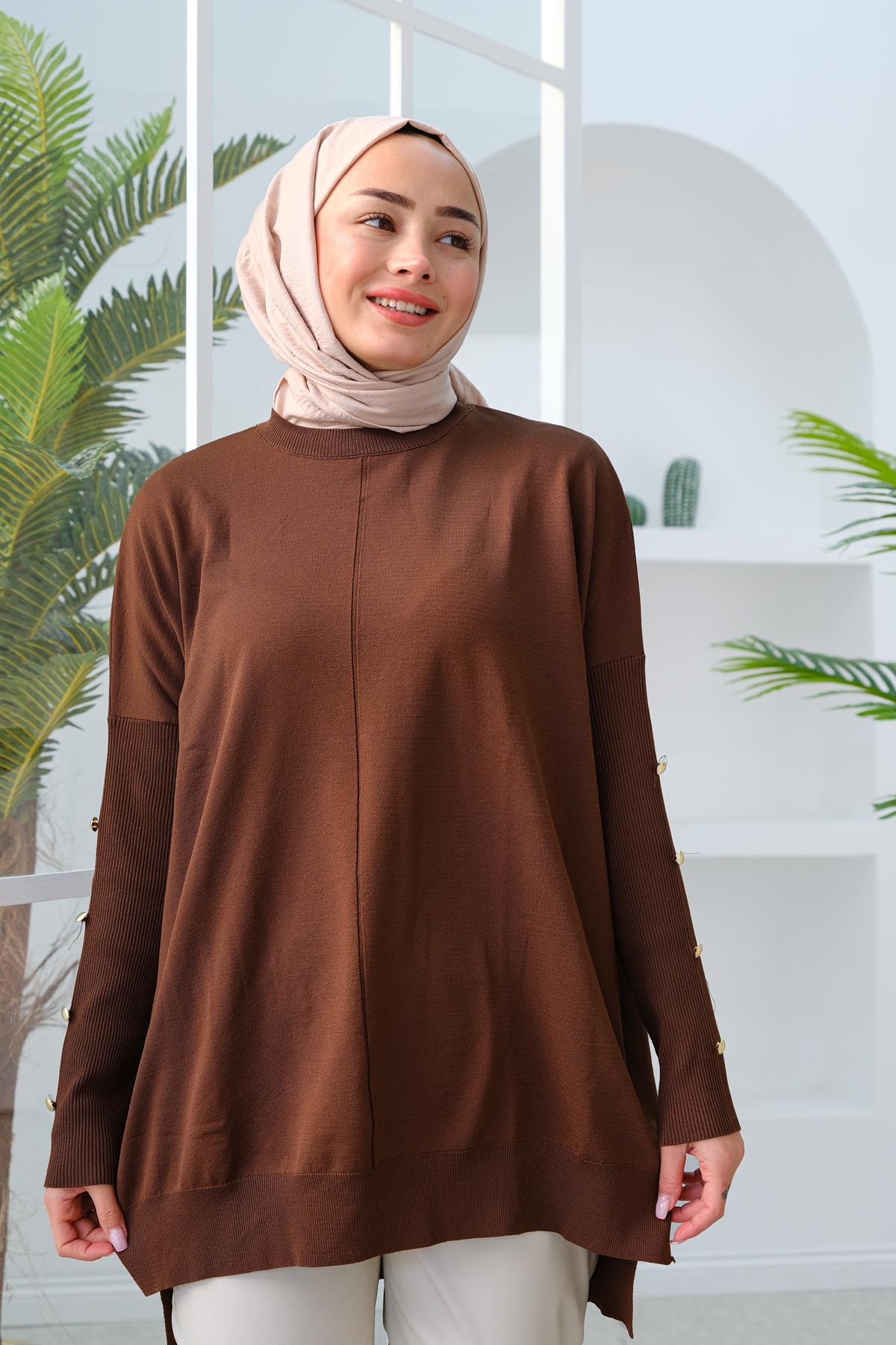 Kolları Düğme Detaylı Tunik Kahverengi