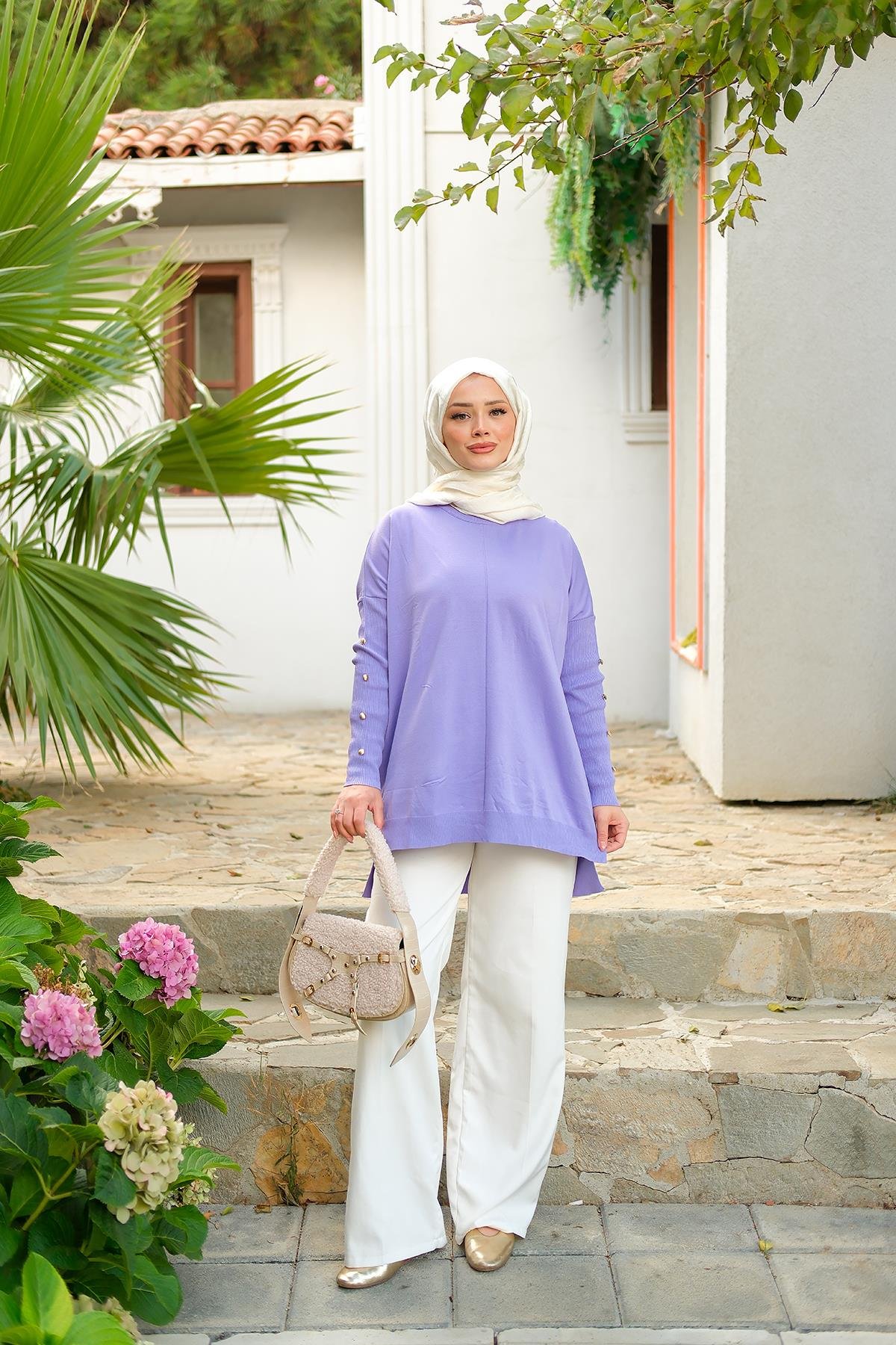Kolları Düğme Detaylı Tunik Lila