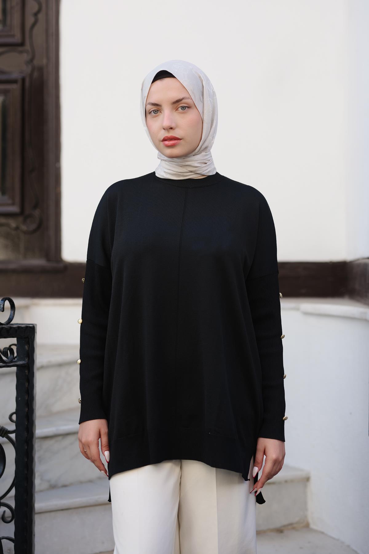 Kolları Düğme Detaylı Tunik Siyah