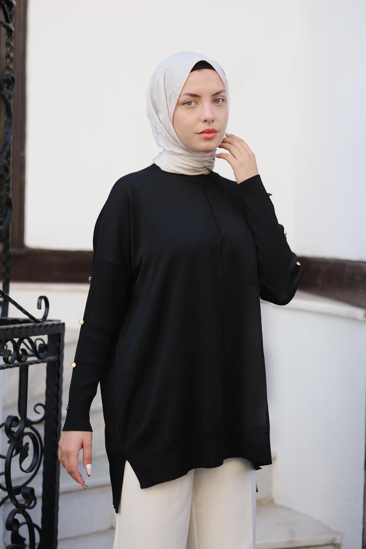 Kolları Düğme Detaylı Tunik Siyah