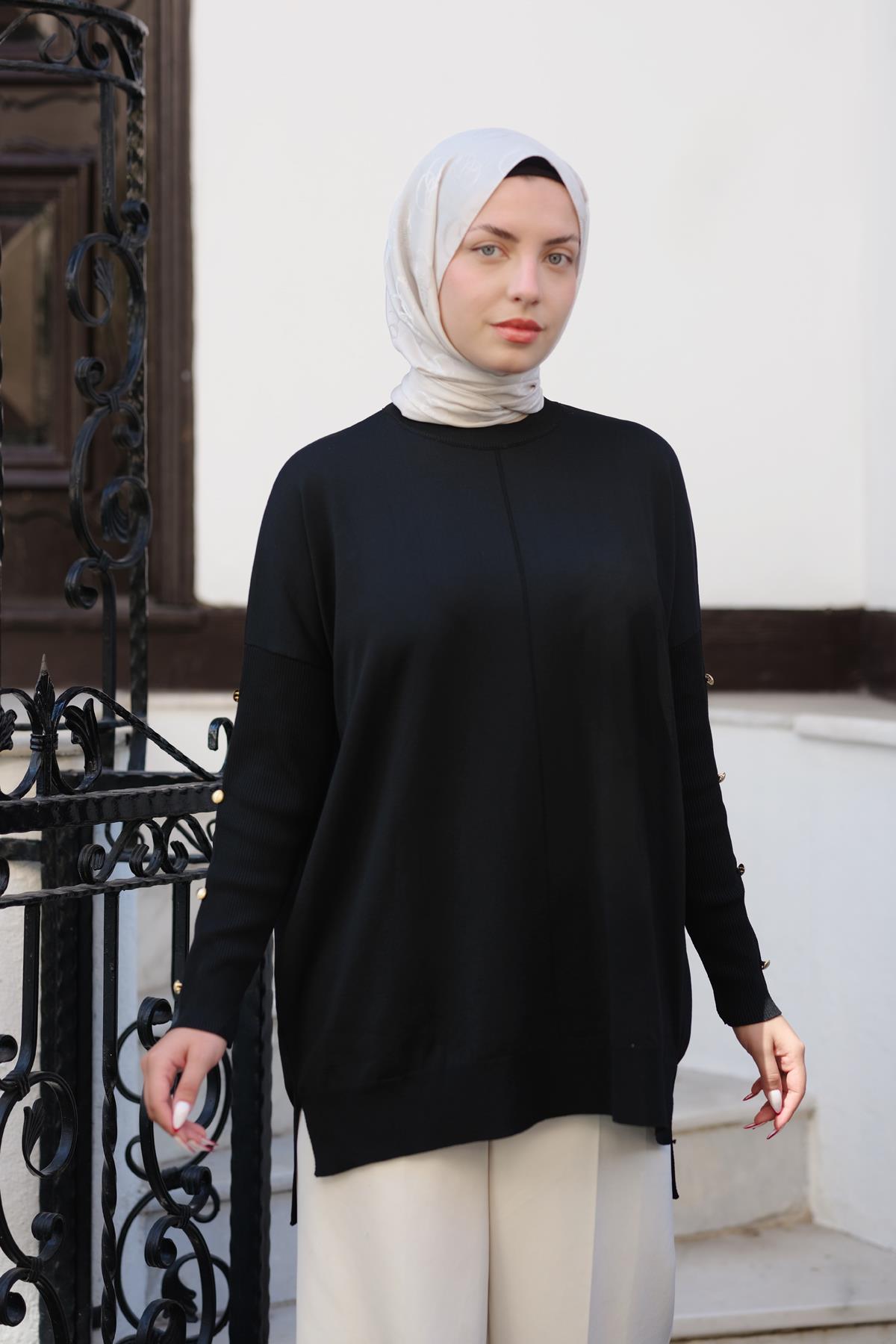 Kolları Düğme Detaylı Tunik Siyah