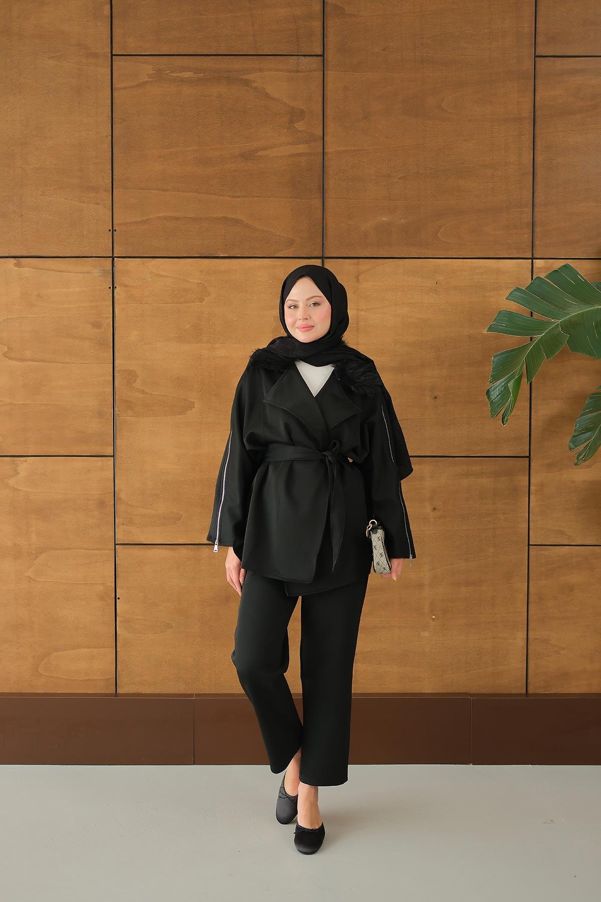 Kolları Fermuar Detay Takım Siyah