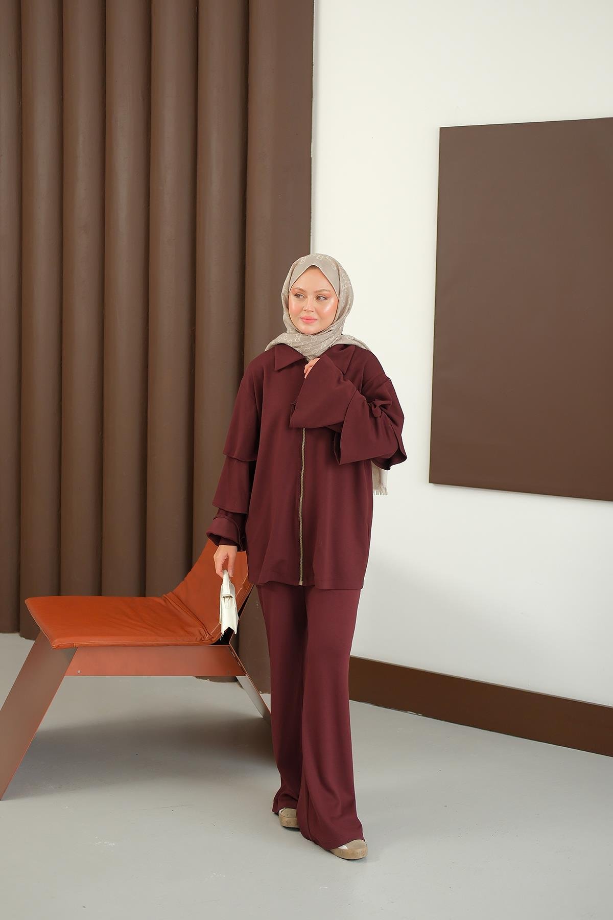 Kolları Fırfır Detay Takım Bordo