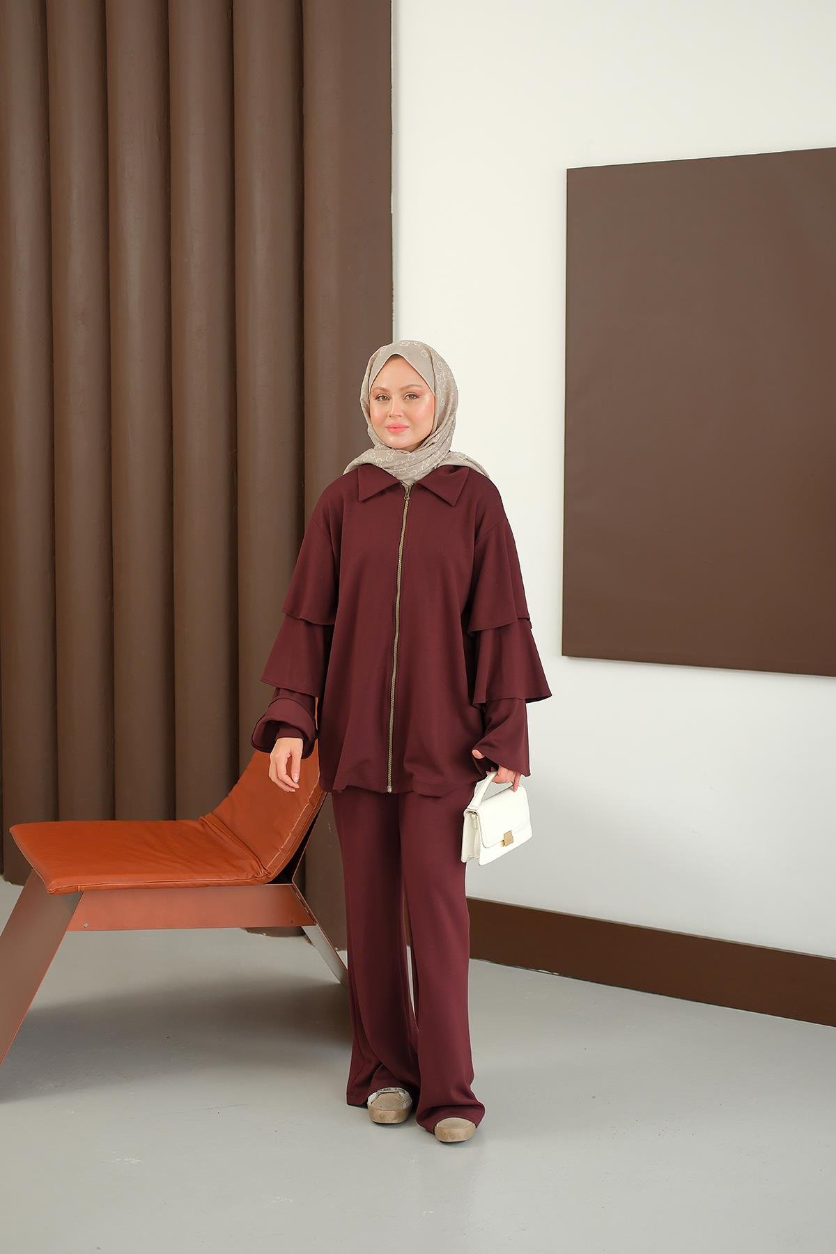 Kolları Fırfır Detay Takım Bordo