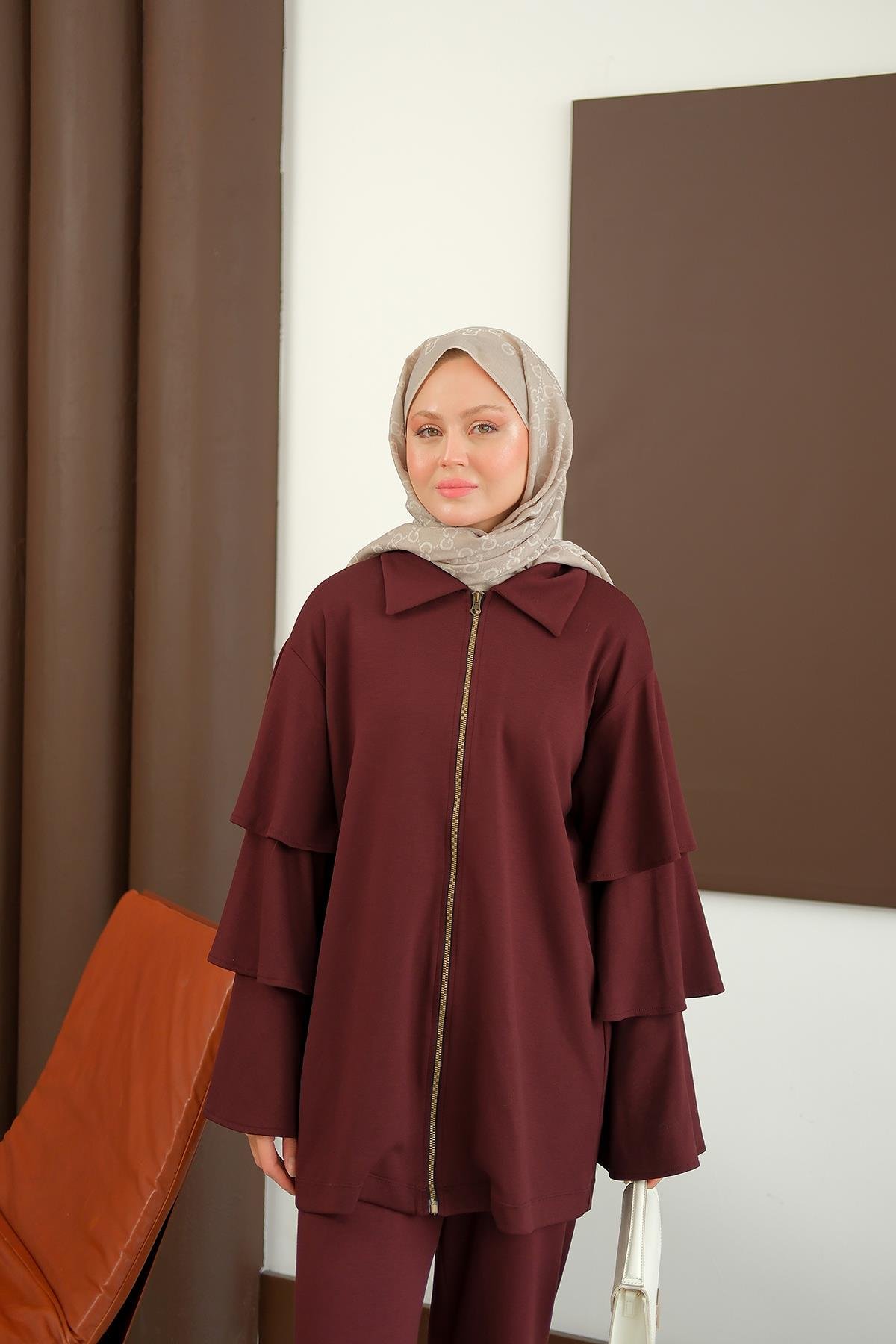 Kolları Fırfır Detay Takım Bordo