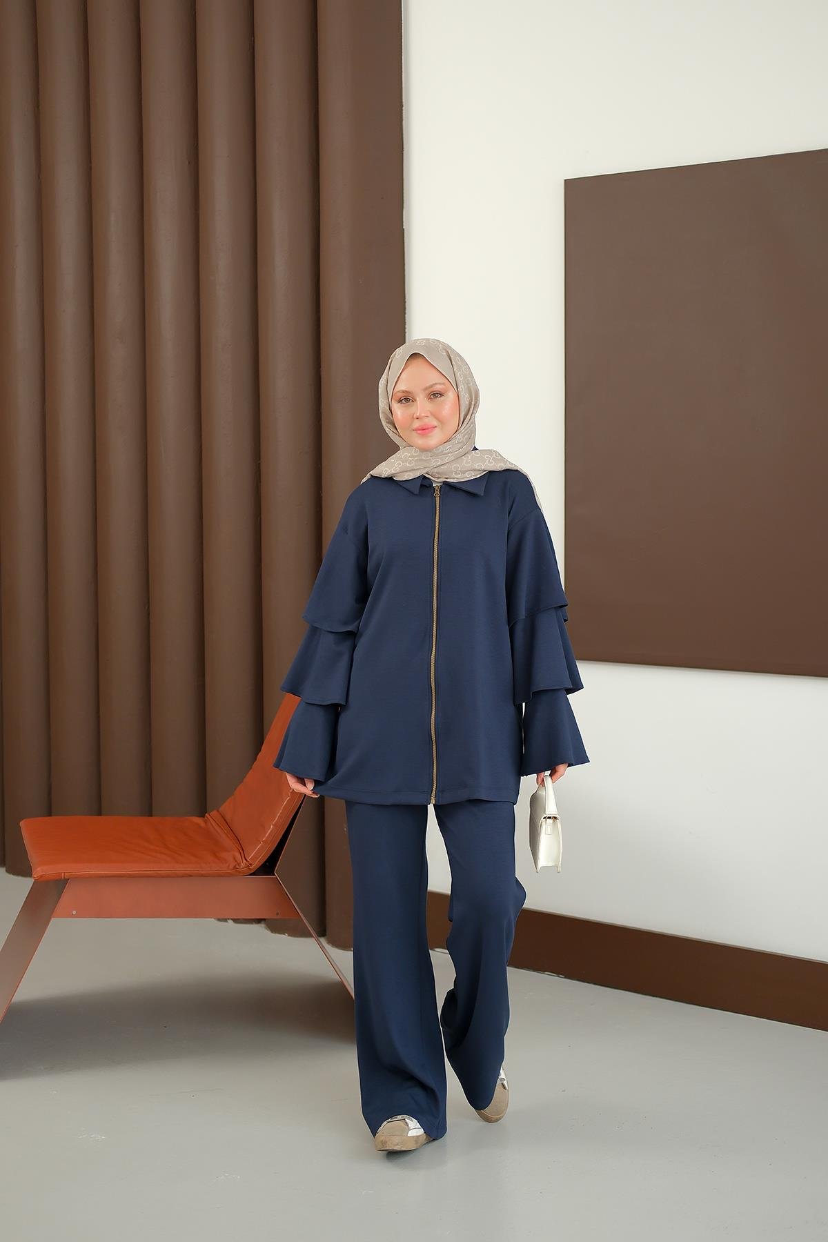 Kolları Fırfır Detay Takım Lacivert