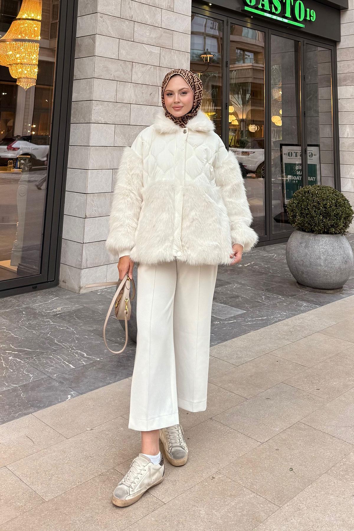 Kolları Peluş Detay Mont Beyaz