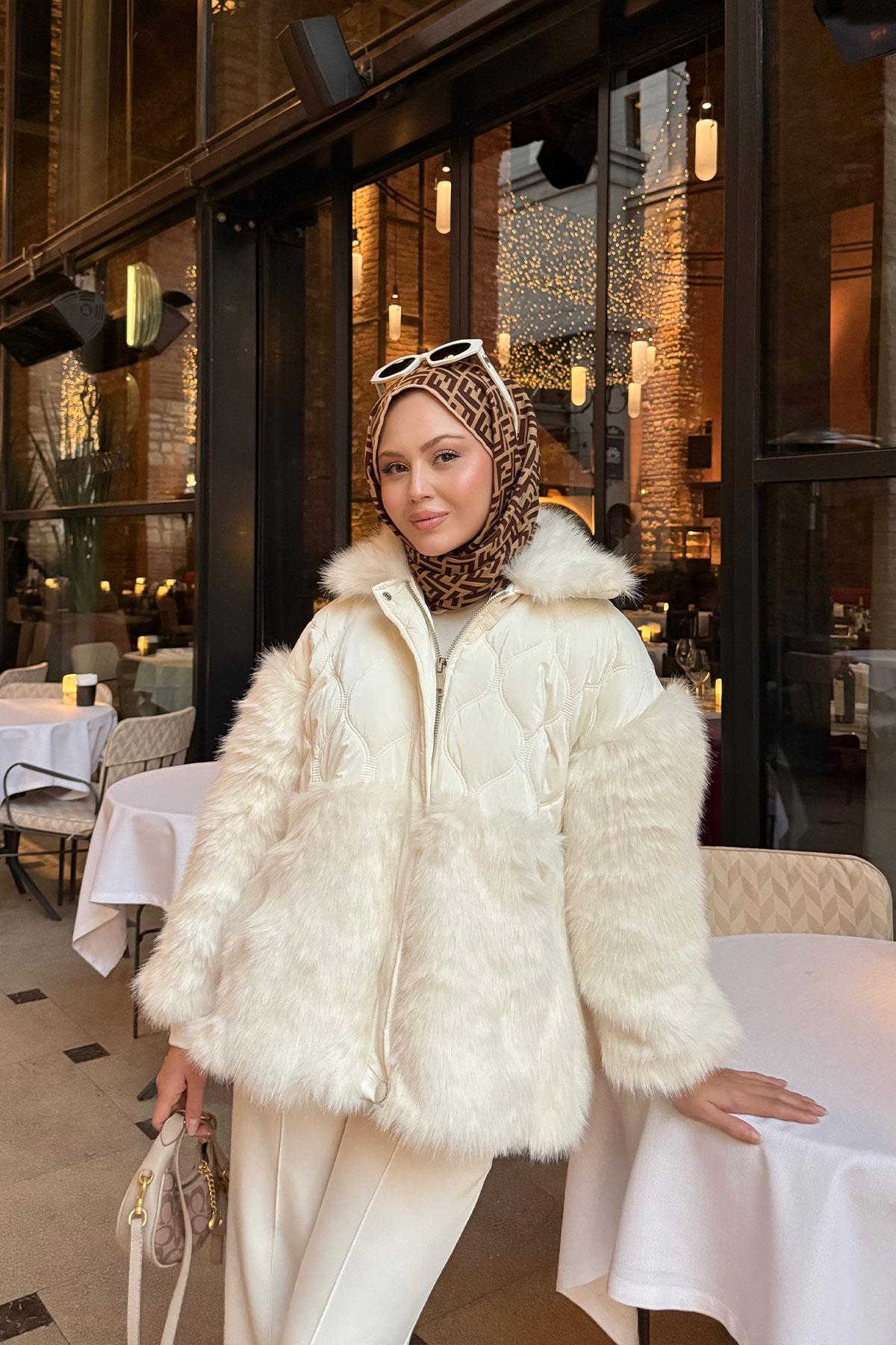 Kolları Peluş Detay Mont Beyaz