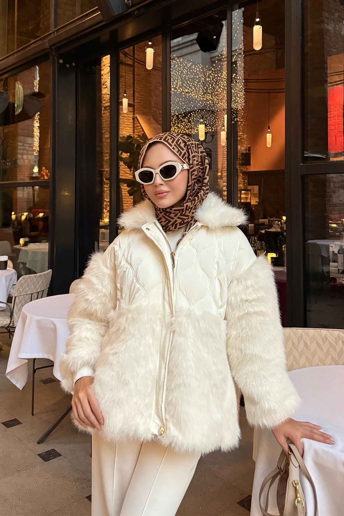 Kolları Peluş Detay Mont Beyaz