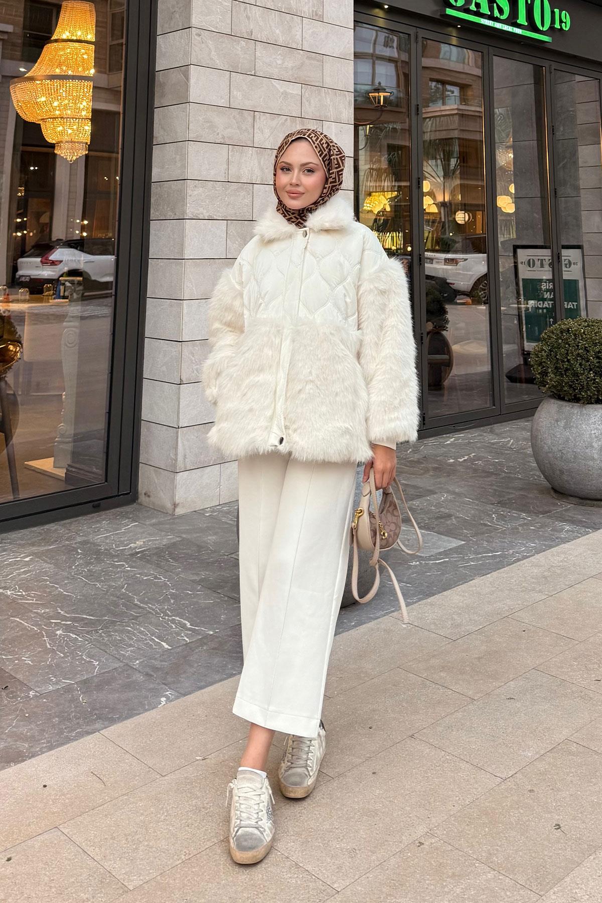 Kolları Peluş Detay Mont Beyaz