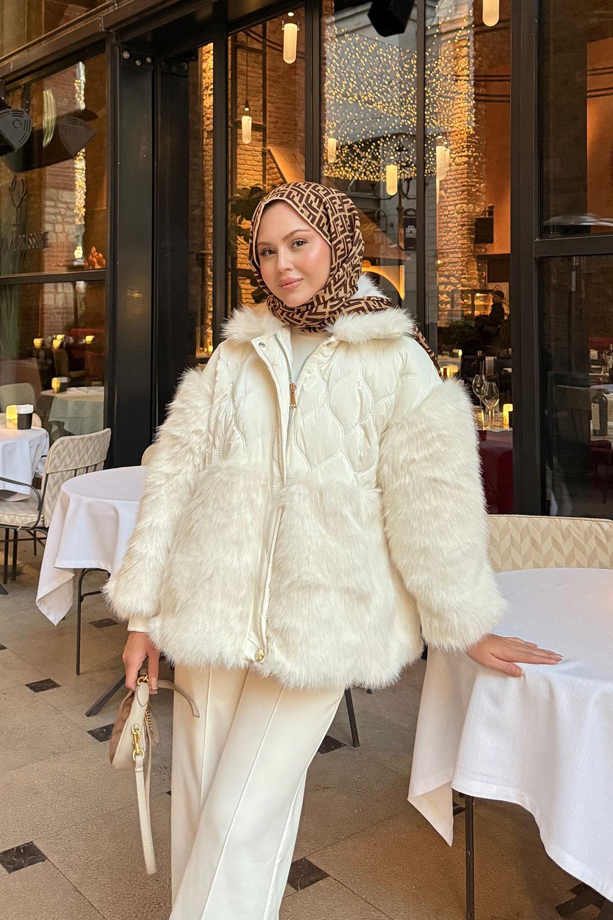 Kolları Peluş Detay Mont Beyaz