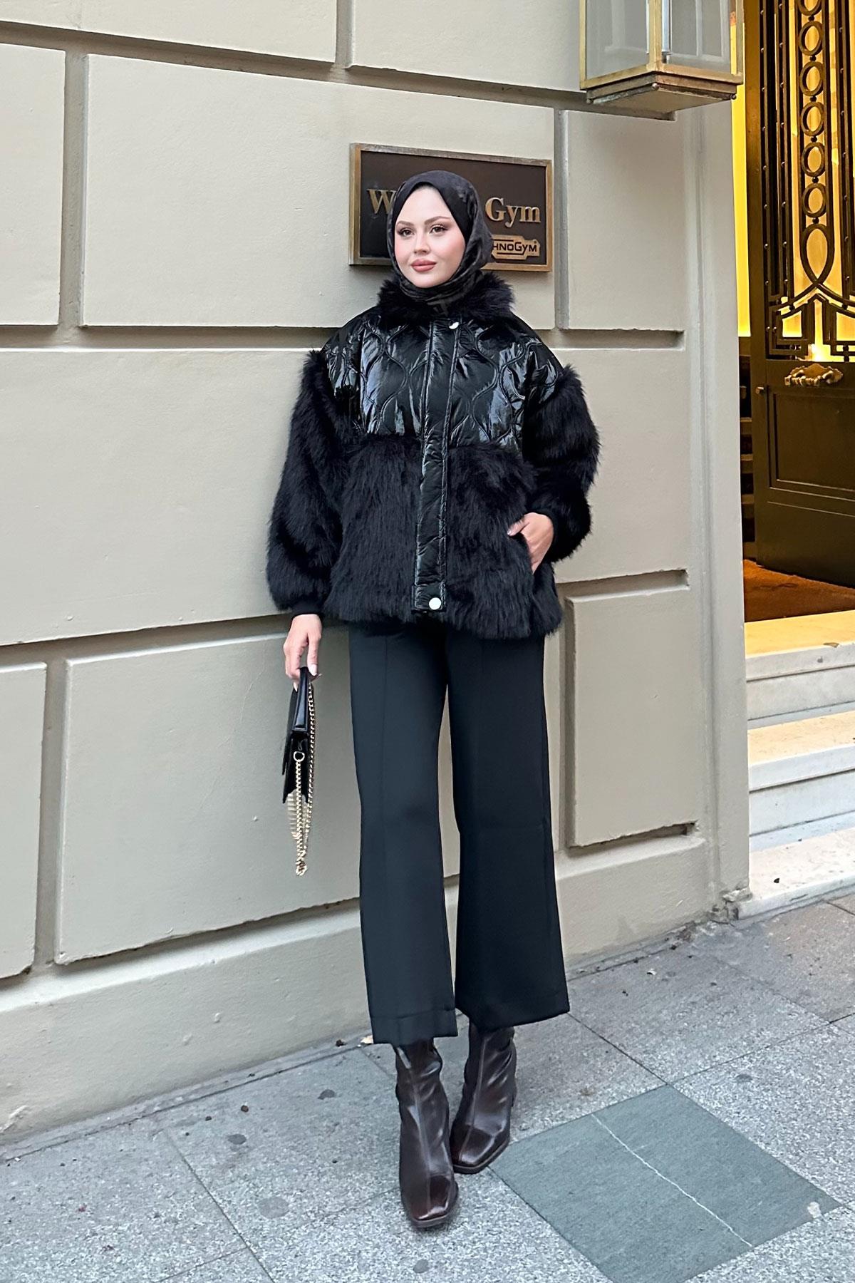 Kolları Peluş Detay Mont Siyah