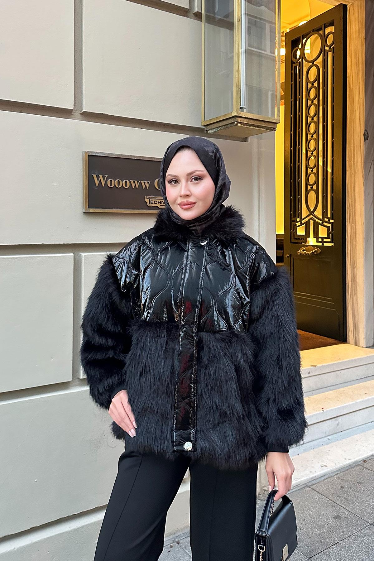 Kolları Peluş Detay Mont Siyah