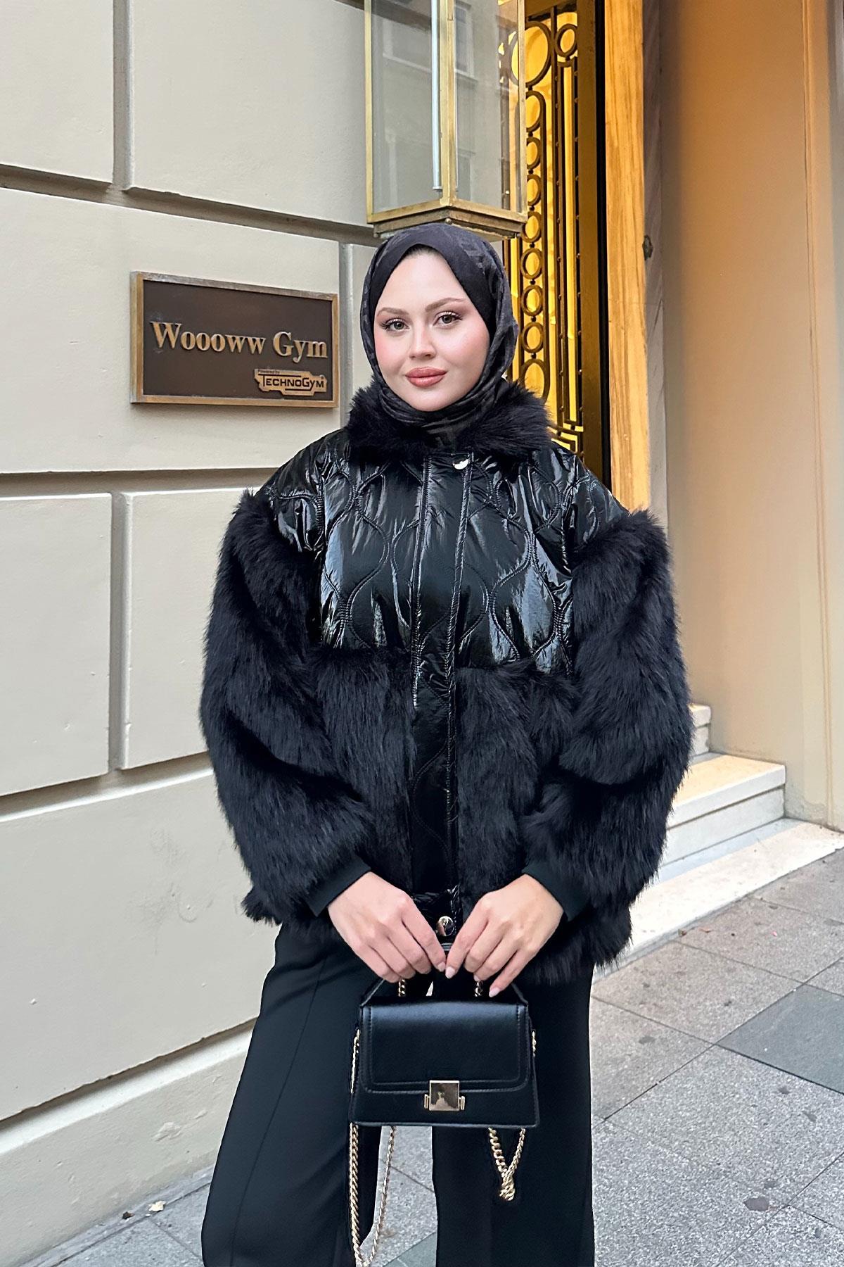 Kolları Peluş Detay Mont Siyah