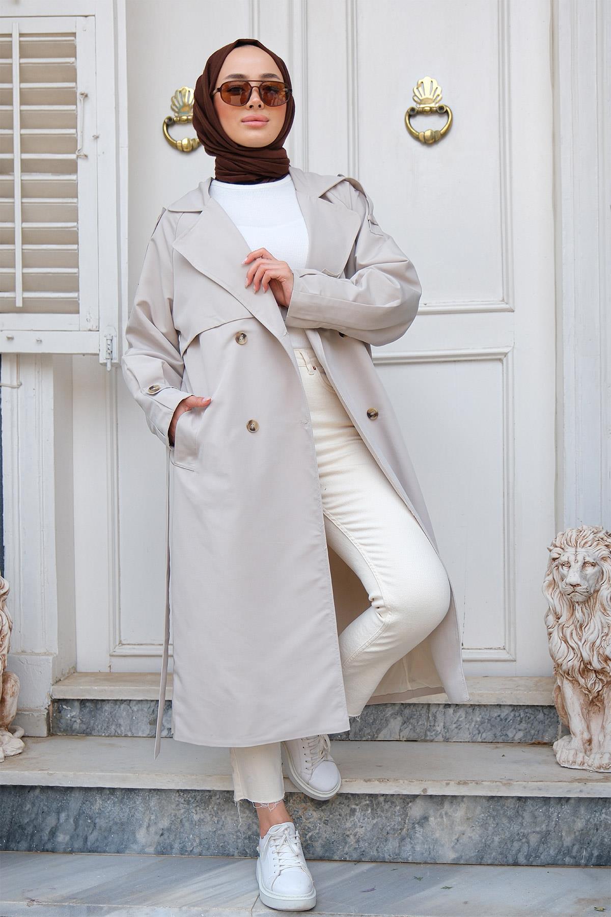 Kolları Pileli Kruvaze Yaka Trençkot Açık Gri