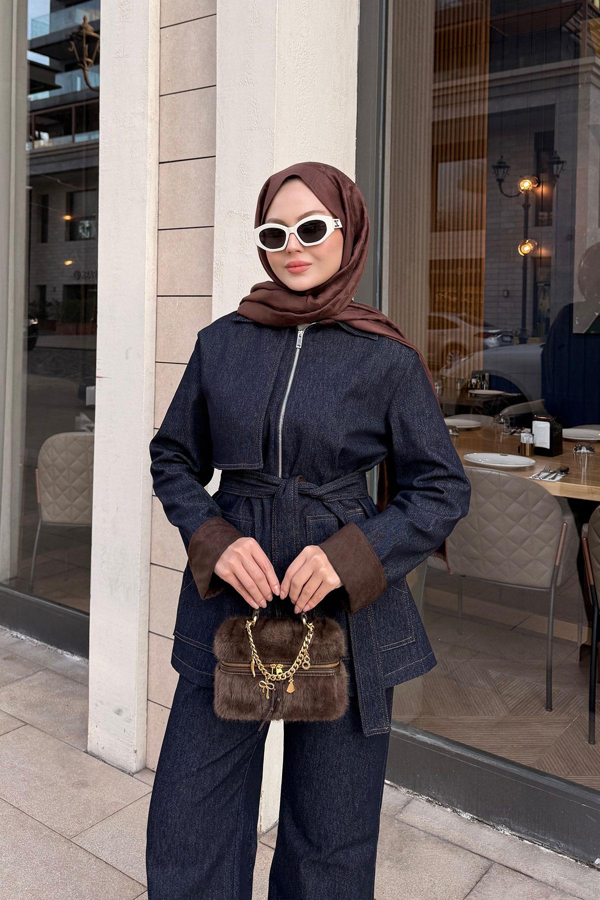 Kolları Süet Detay Takım Lacivert