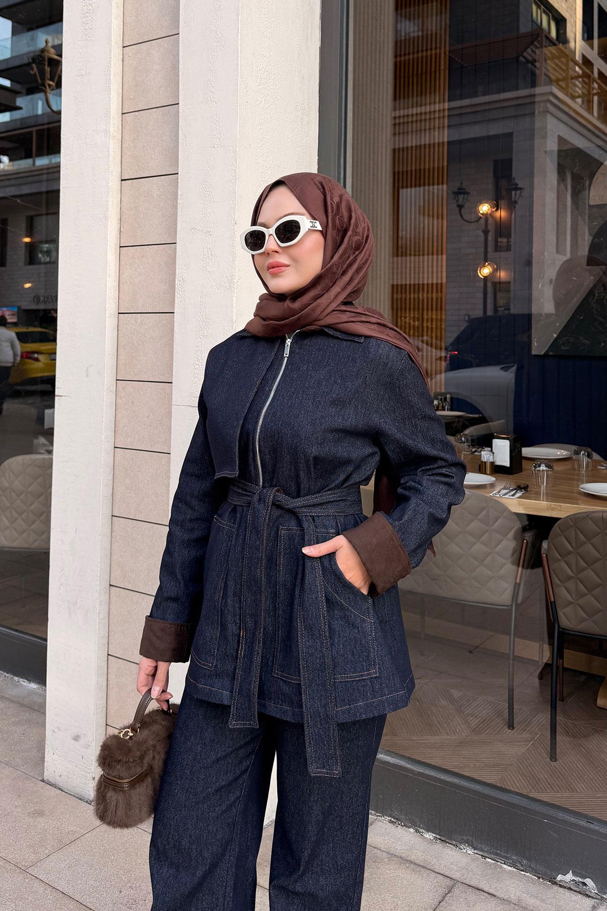 Kolları Süet Detay Takım Lacivert