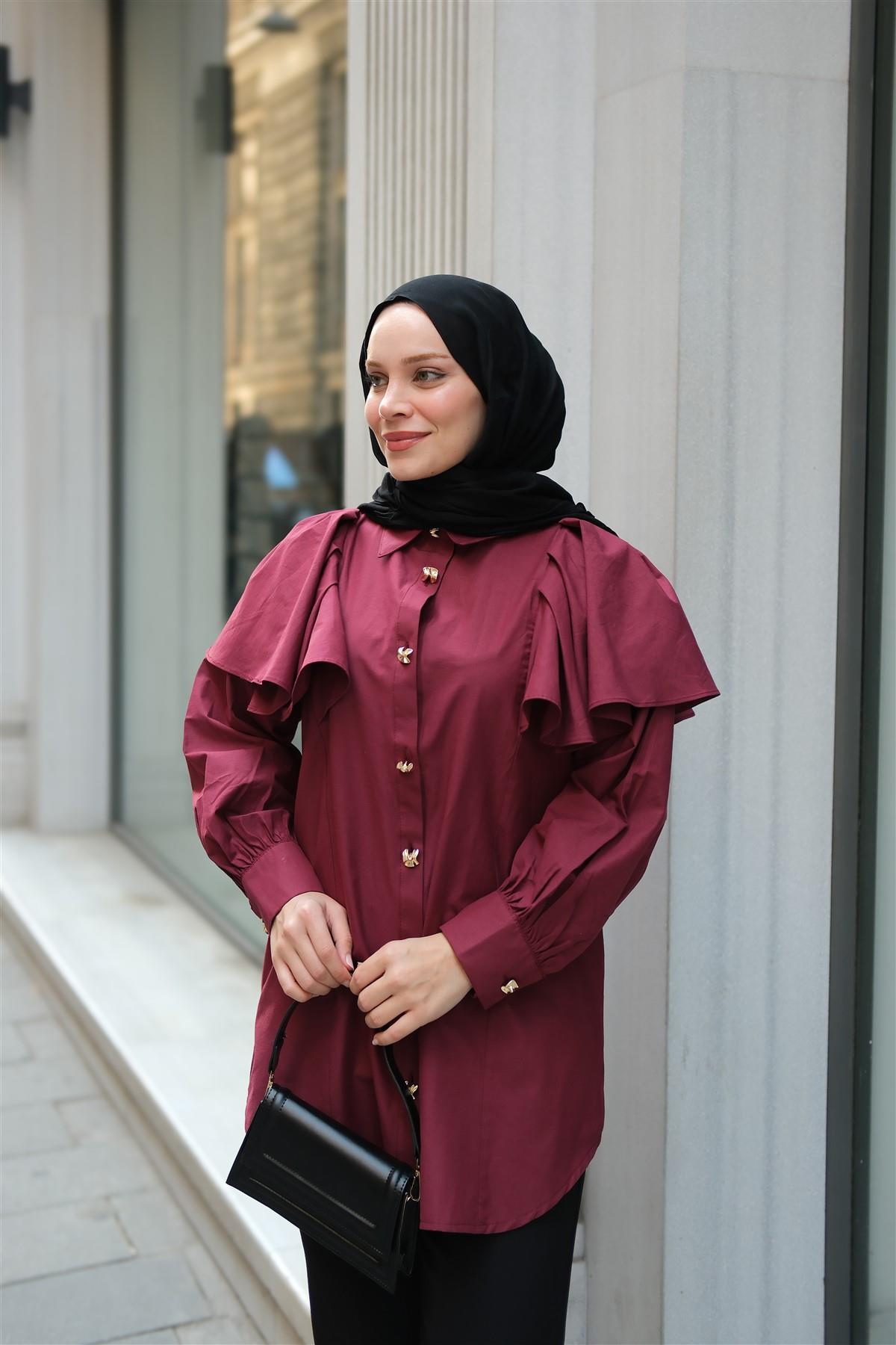 Kolları Valonlu Düğme Detaylı Gömlek  Bordo