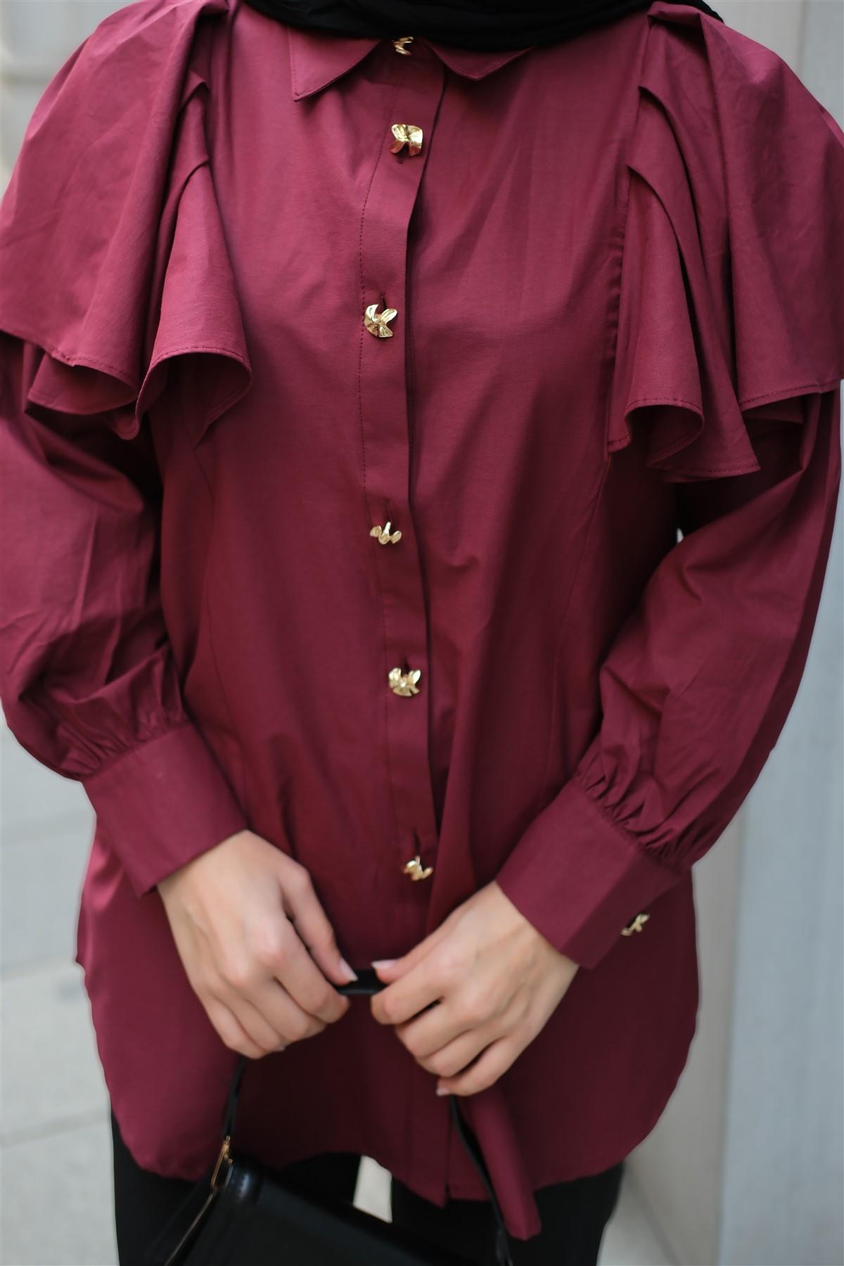 Kolları Valonlu Düğme Detaylı Gömlek  Bordo