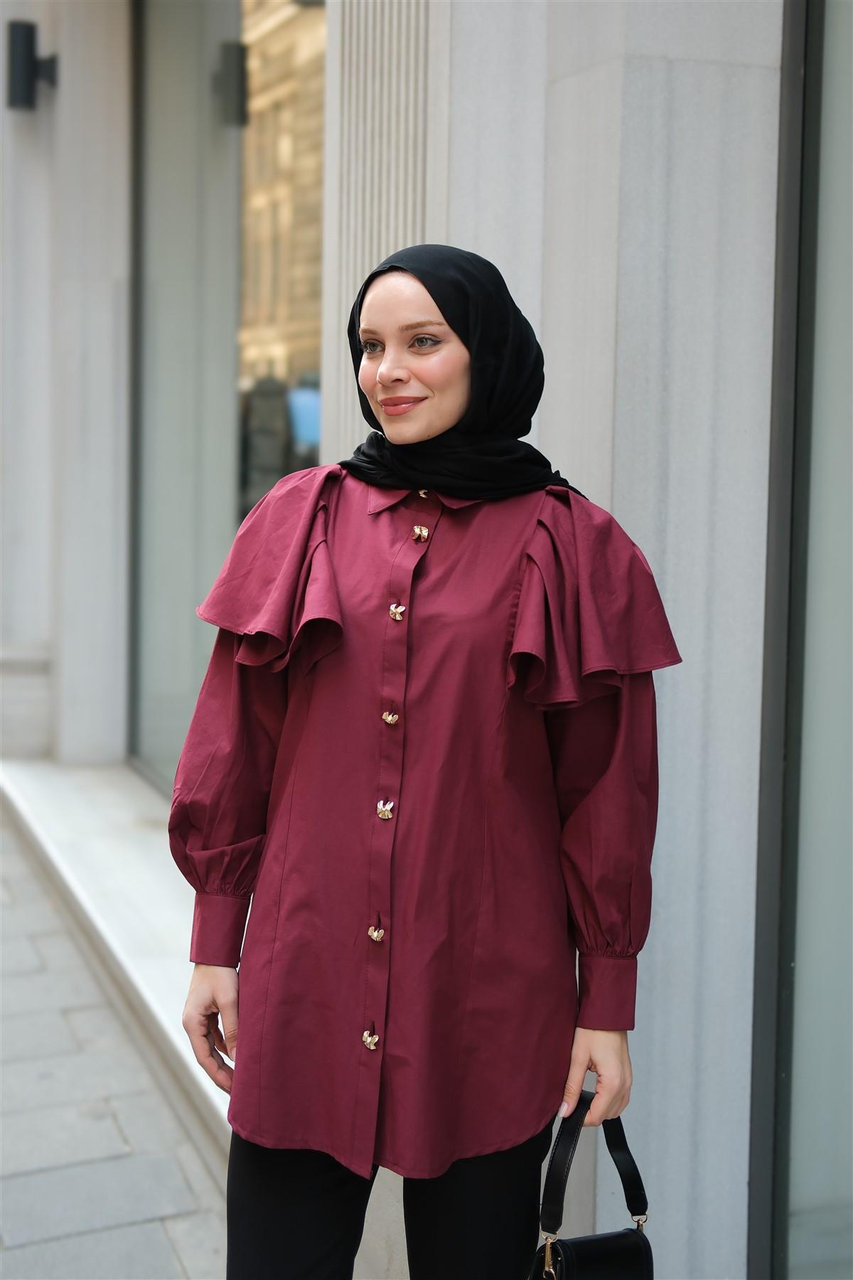 Kolları Valonlu Düğme Detaylı Gömlek  Bordo