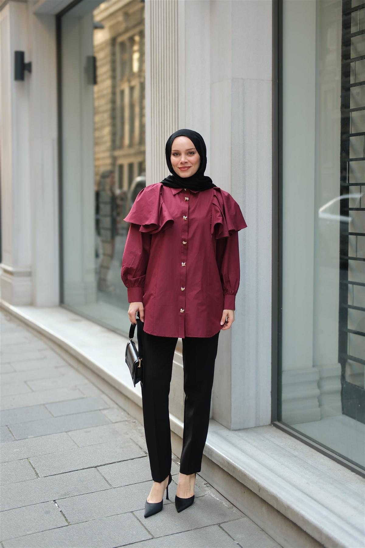 Kolları Valonlu Düğme Detaylı Gömlek  Bordo