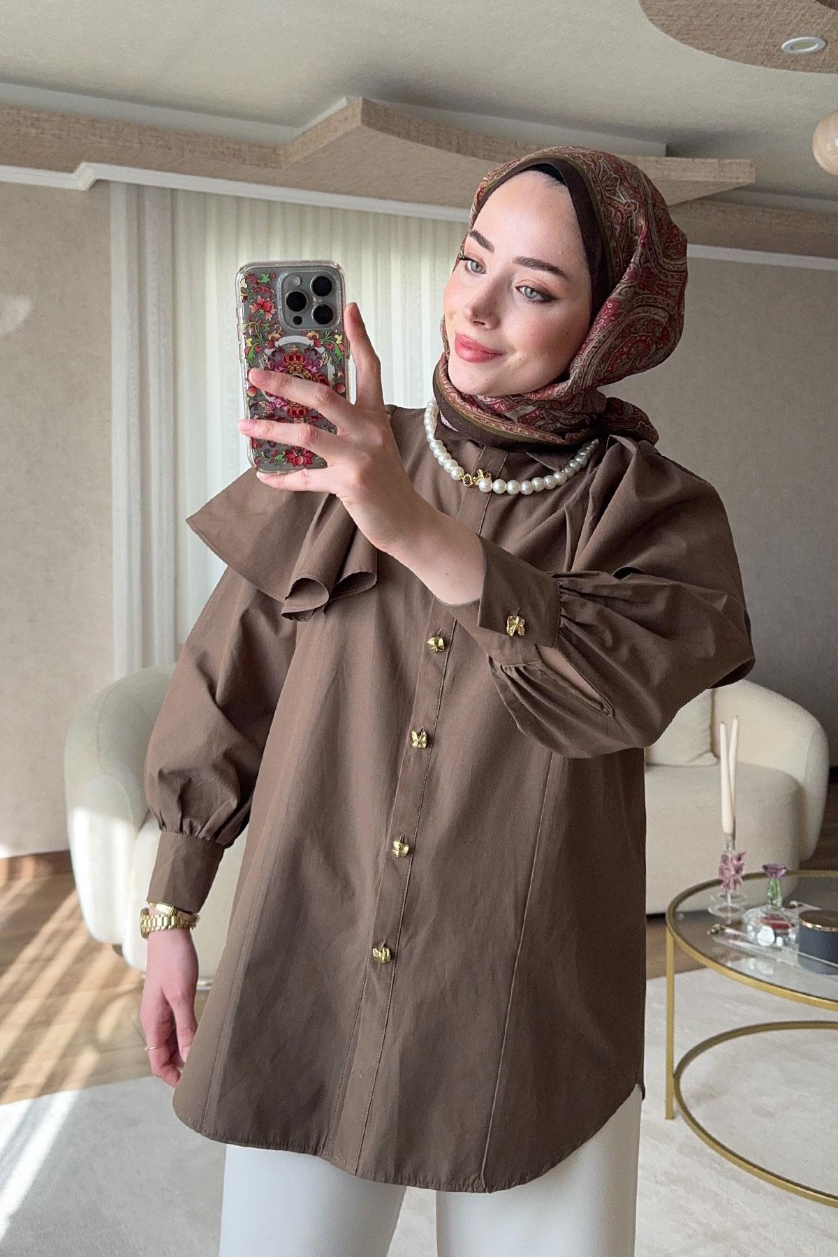 Kolları Valonlu Düğme Detaylı Gömlek Kahverengi