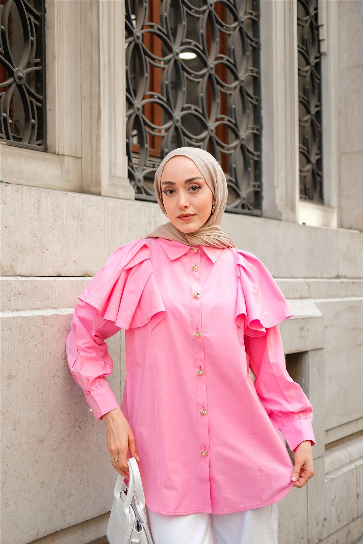 Kolları Valonlu Düğme Detaylı Gömlek Pembe
