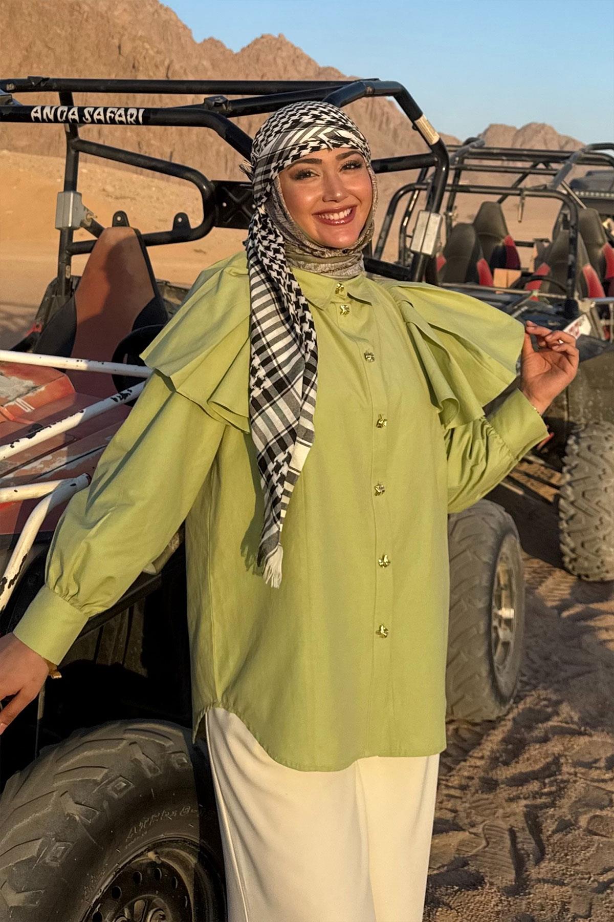 Kolları Valonlu Düğme Detaylı Gömlek Yeşil