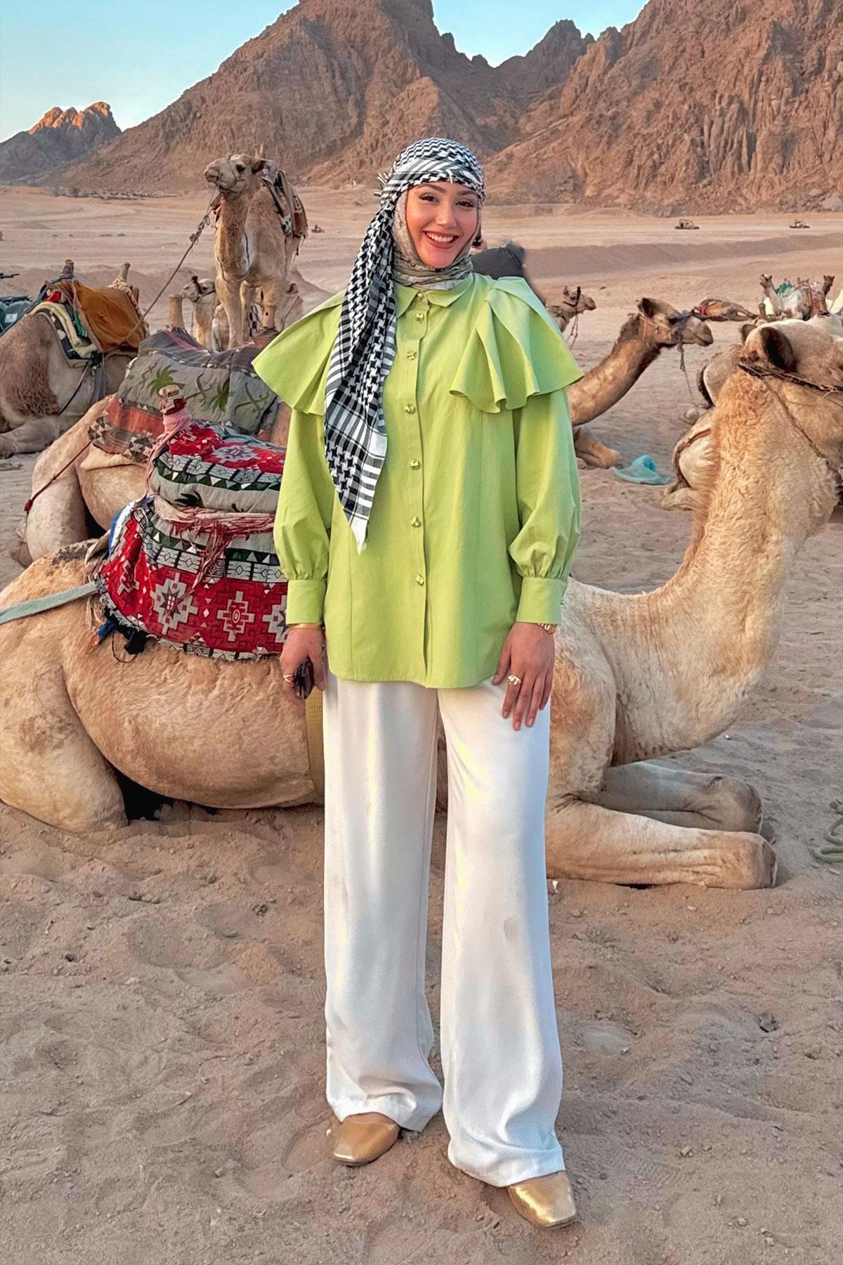 Kolları Valonlu Düğme Detaylı Gömlek Yeşil