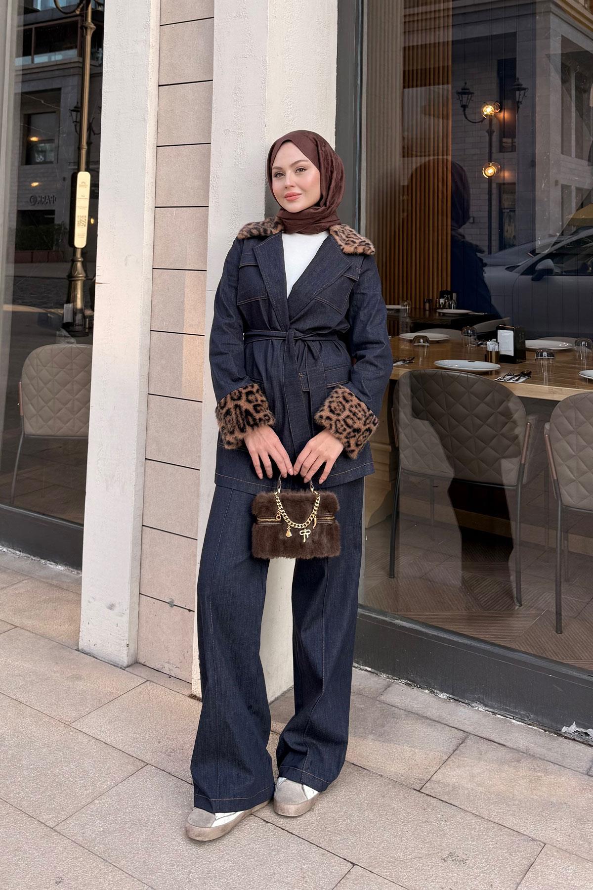 Kolları Ve Yaka Leopar Desen Takım Lacivert