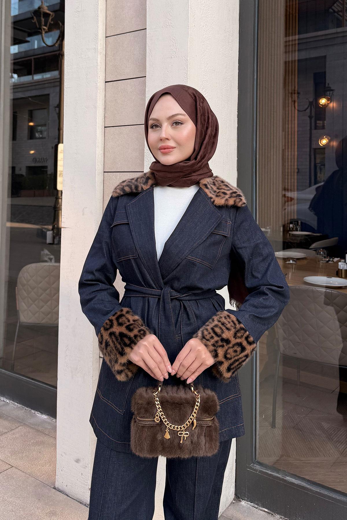 Kolları Ve Yaka Leopar Desen Takım Lacivert