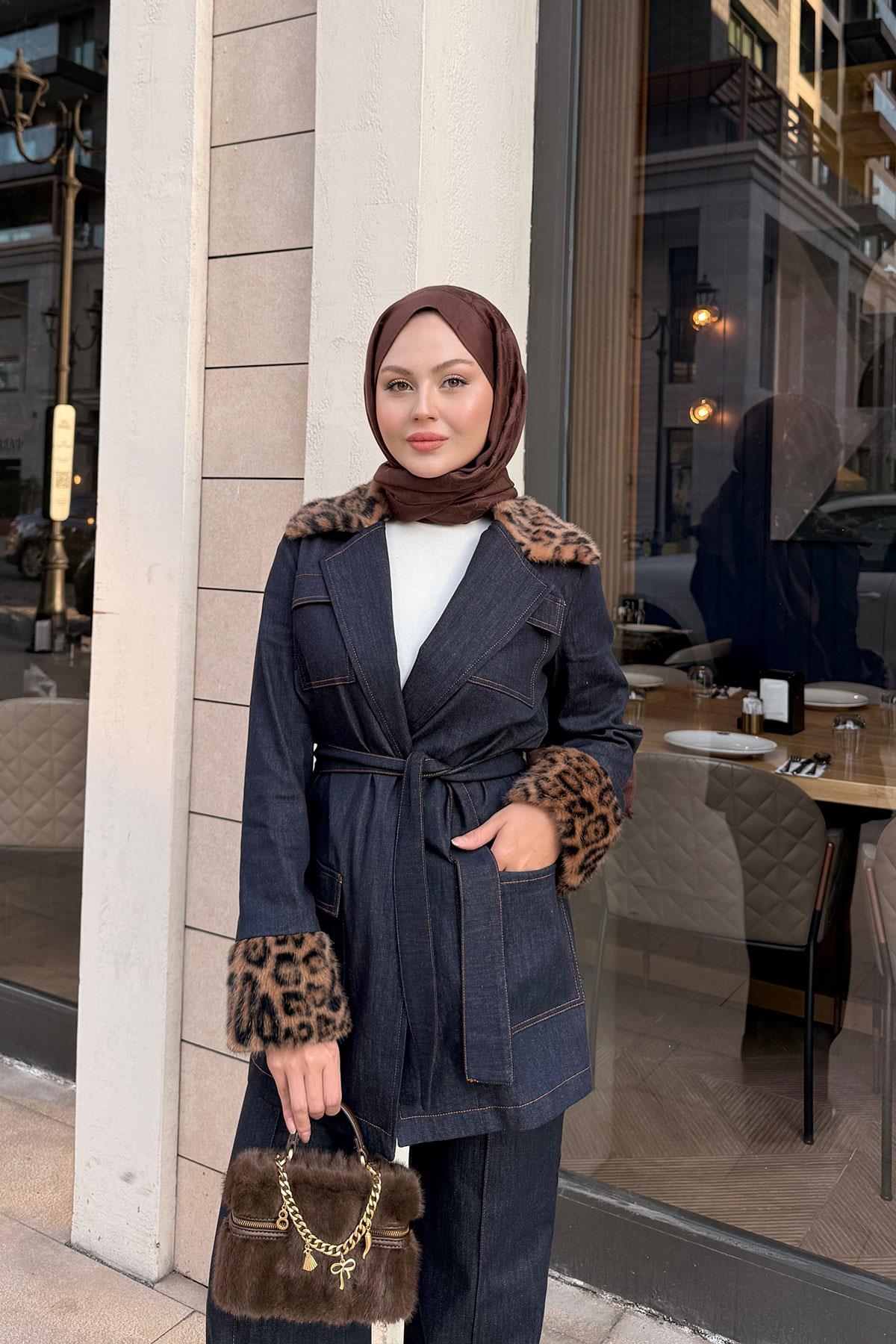 Kolları Ve Yaka Leopar Desen Takım Lacivert