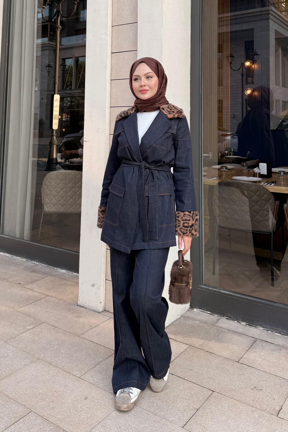 Kolları Ve Yaka Leopar Desen Takım Lacivert