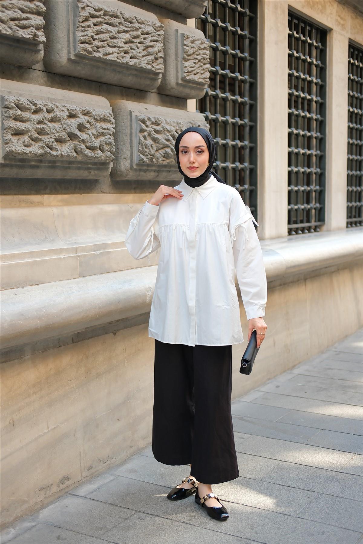 Kolu Bağcık Detaylı Fiyonklu Gömlek Beyaz