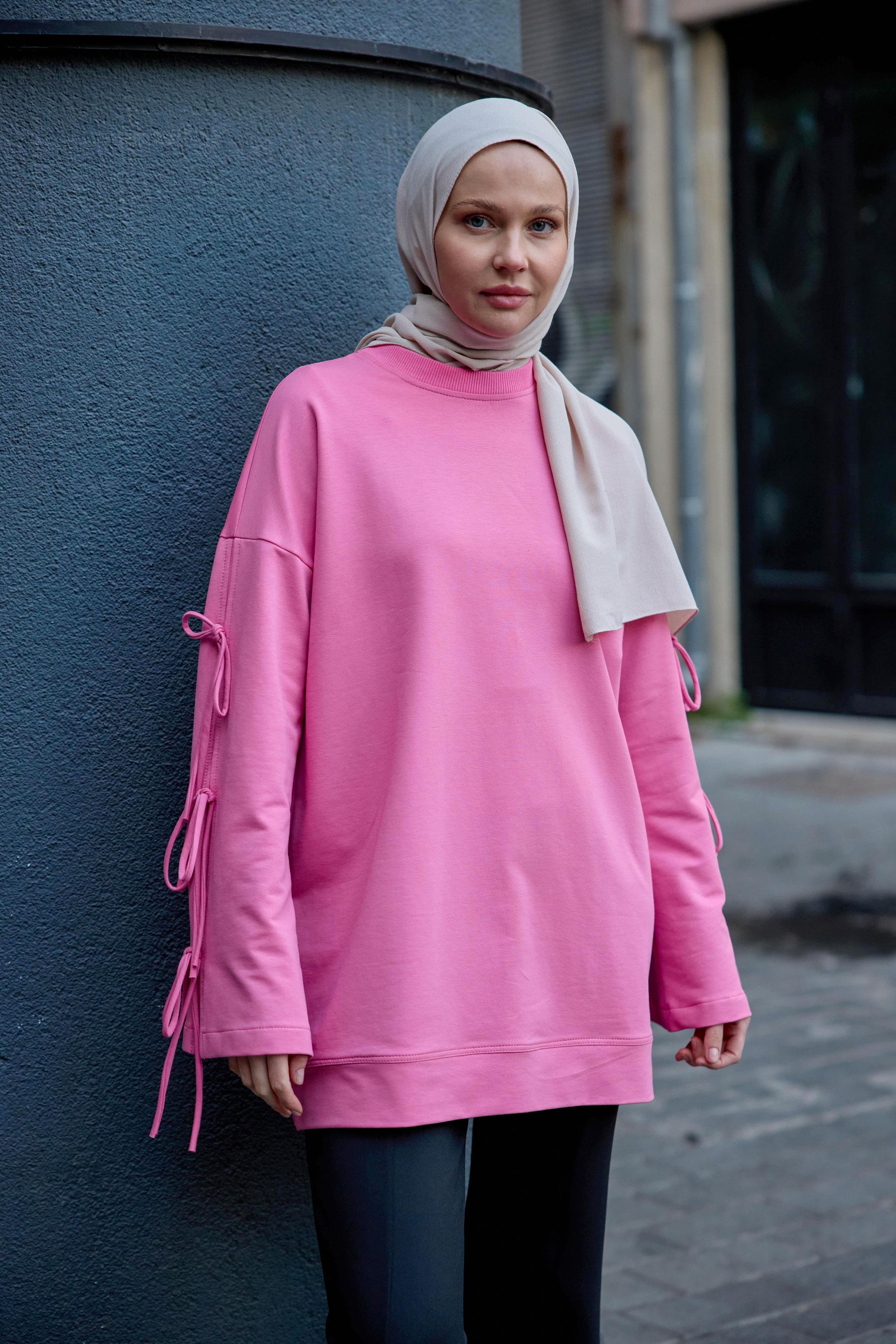 Kolu Bağcık Detaylı Tunik Pembe