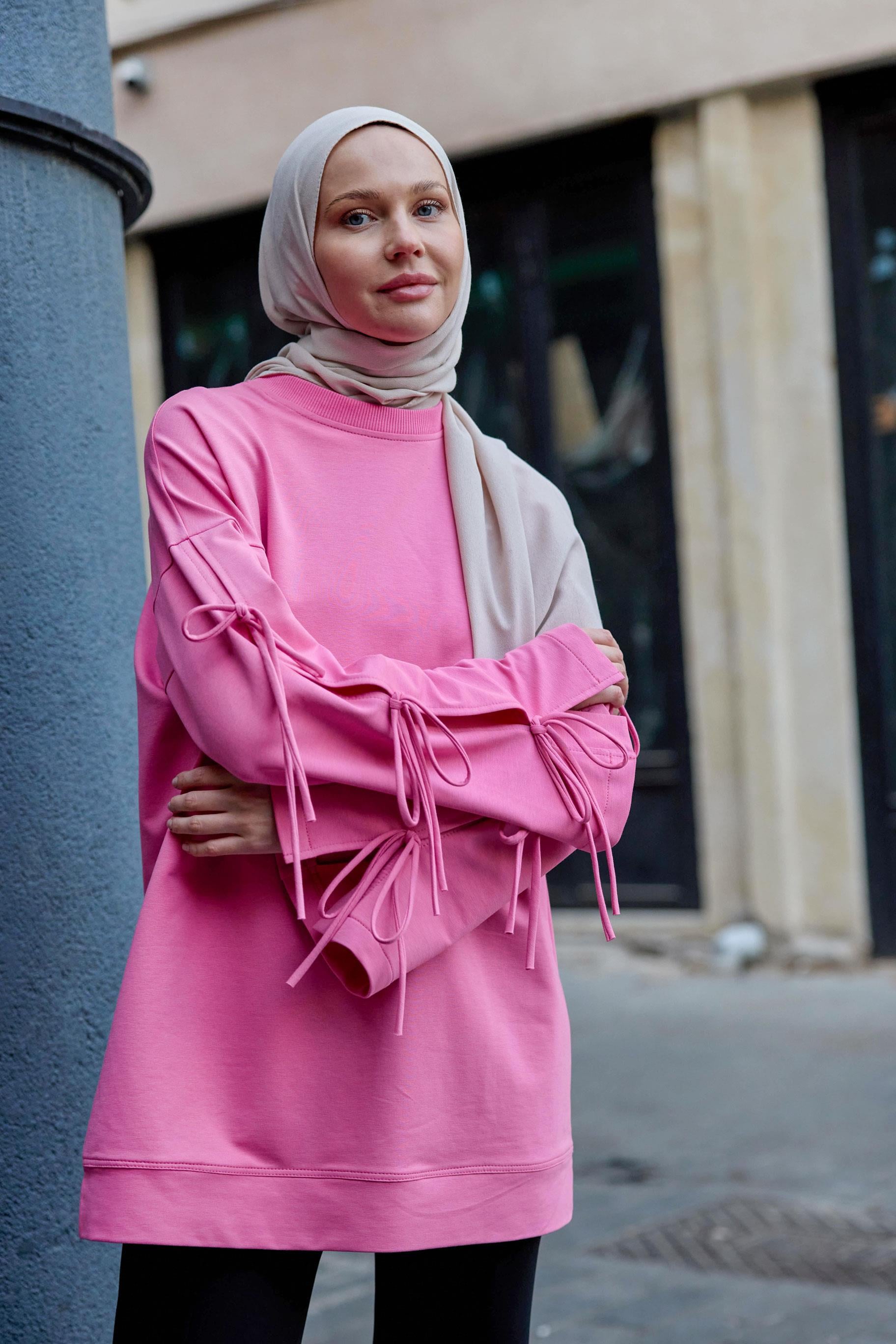 Kolu Bağcık Detaylı Tunik Pembe