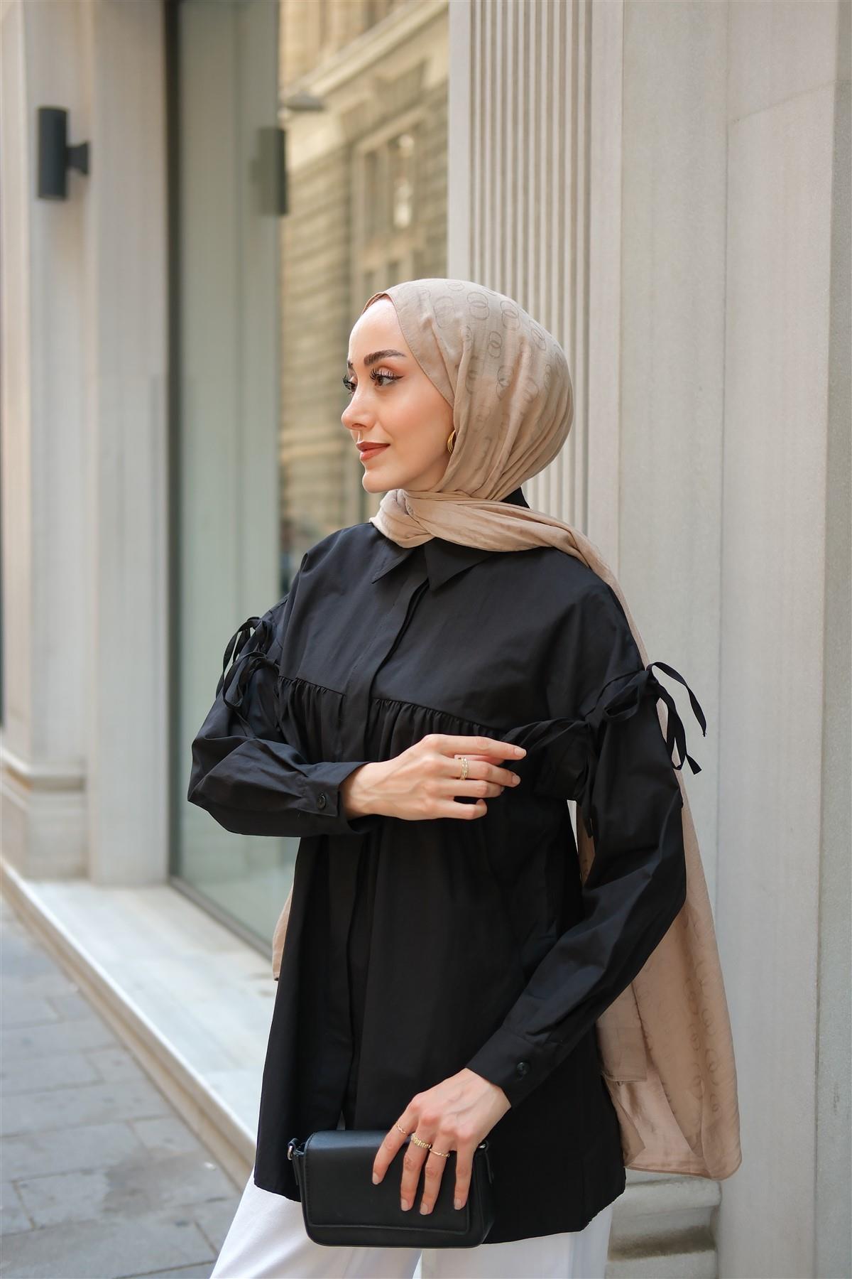 Kolu Bağcık Fiyonklu Gömlek Siyah