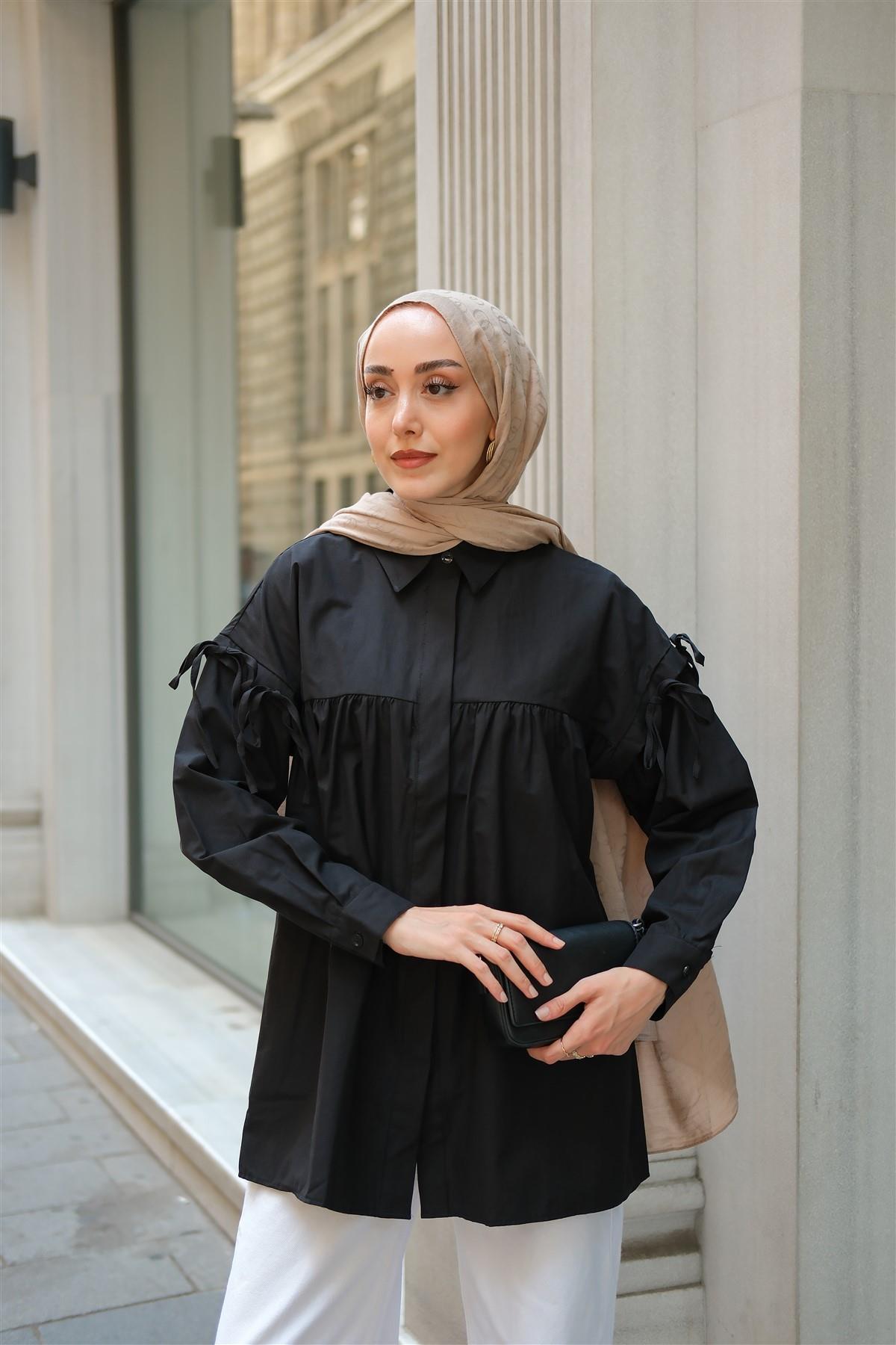 Kolu Bağcık Fiyonklu Gömlek Siyah