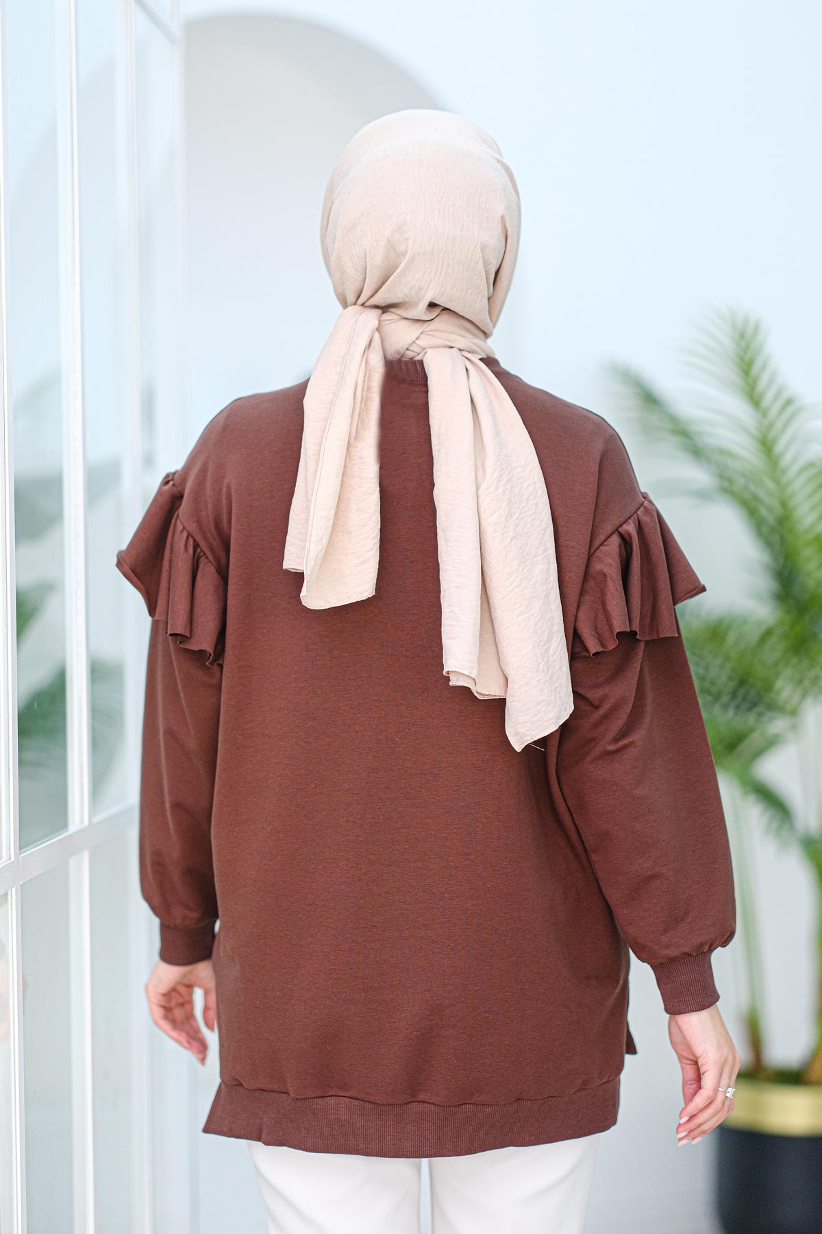 Kolu Fırfırlı Tunik  Kahverengi