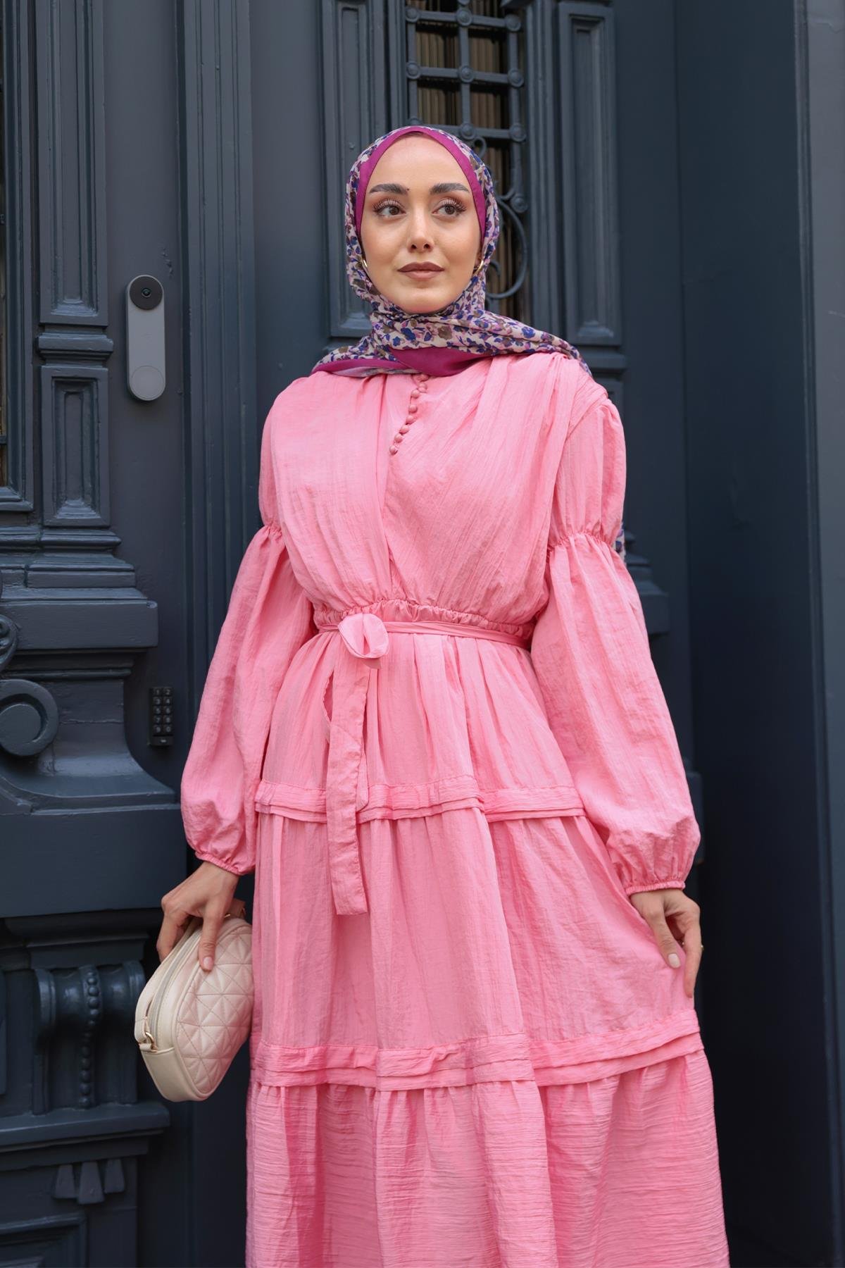 Kolu Lastik Detaylı Elbise Pembe