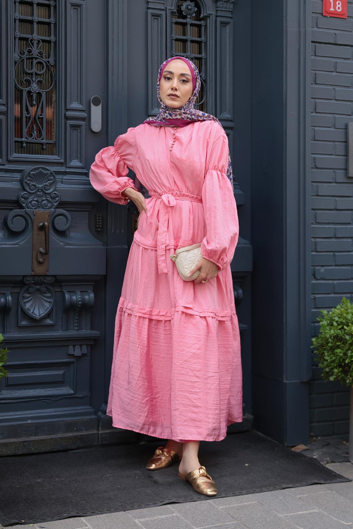 Kolu Lastik Detaylı Elbise Pembe